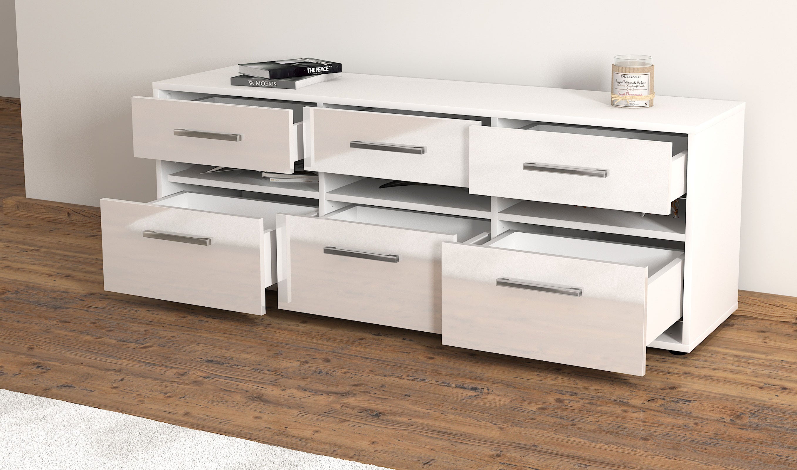 Lowboard - Annalena - Design Hochglanz - Freistehend mit Griffe 136 cm Weiss