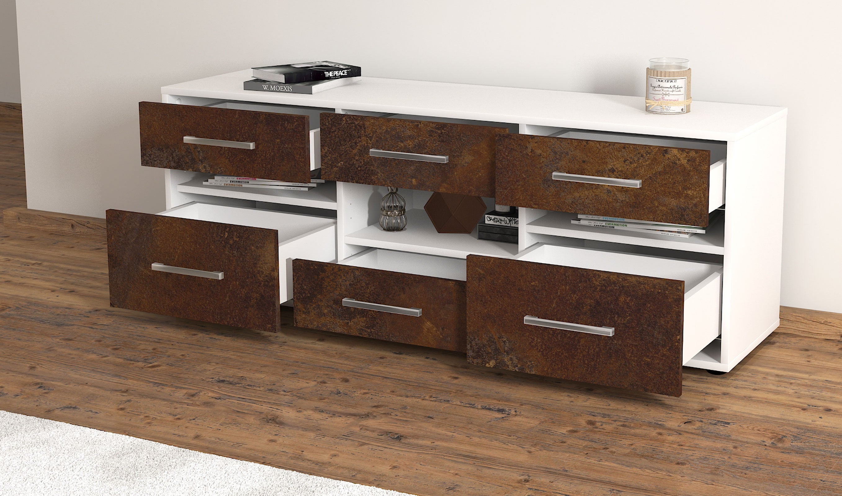 Lowboard - Annamaria - Design Industrie Stil - Freistehend mit Griffe 136 cm Weiss
