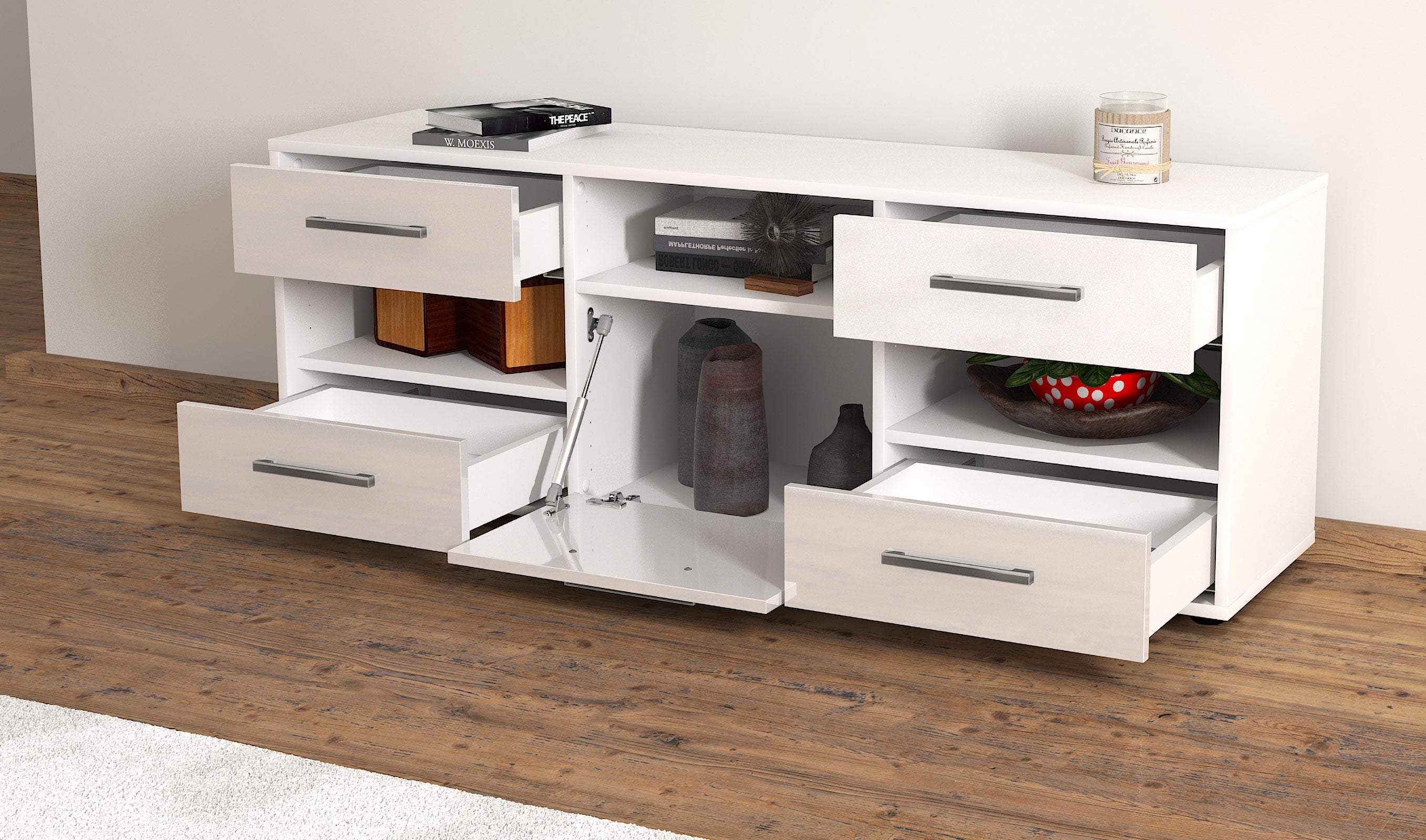 Lowboard - Annina - Design Hochglanz - Freistehend mit Griffe 136 cm Weiss