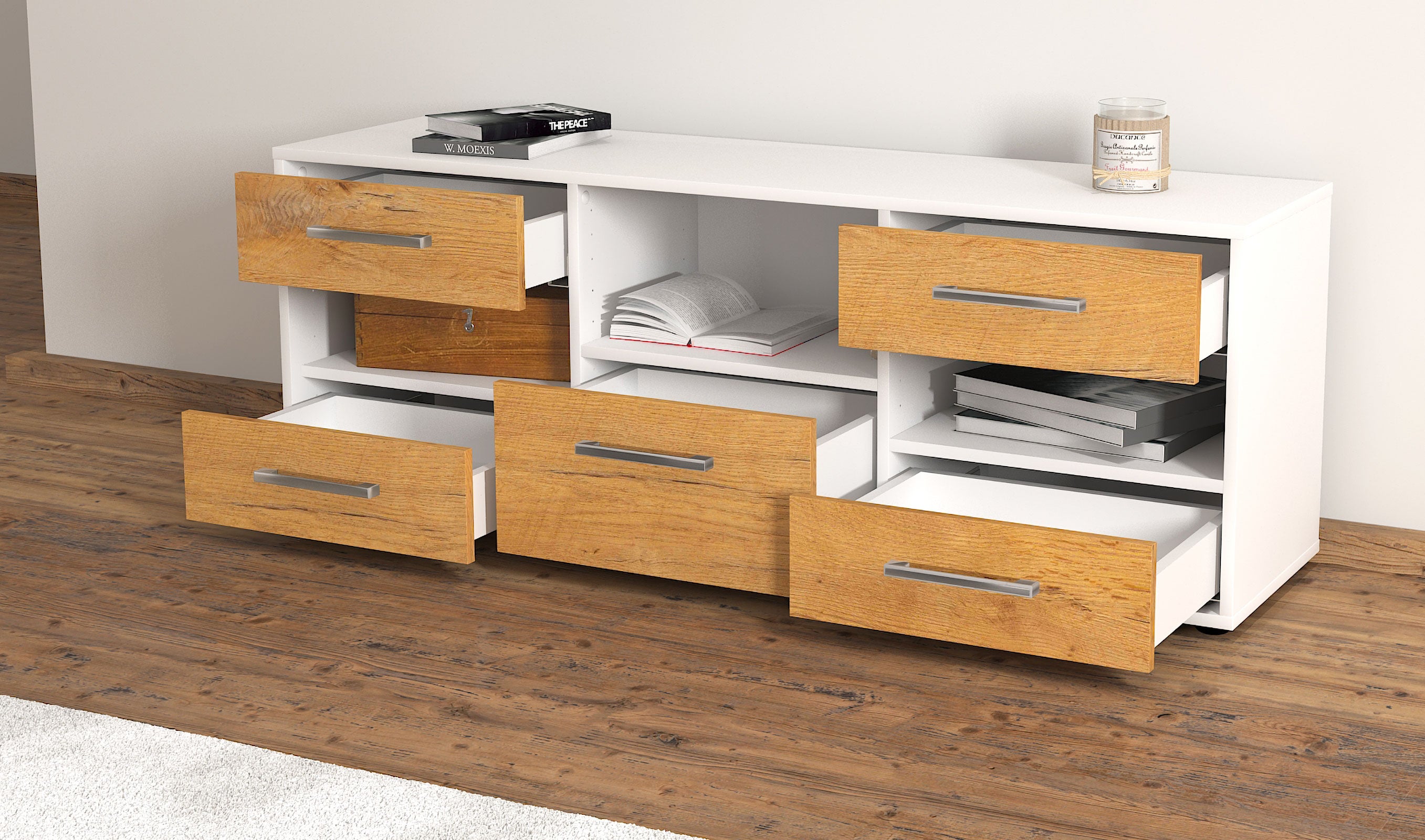 Lowboard - Annunziata - Design Holzdekor - Freistehend mit Griffe 136 cm Weiss