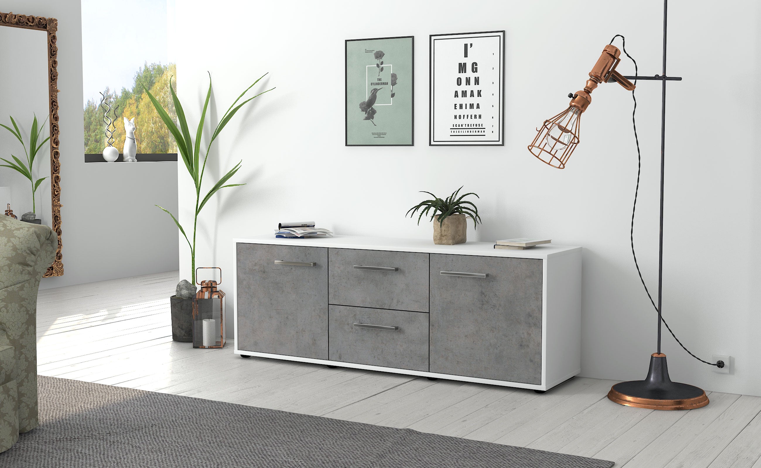 Lowboard - Alma - Design Industrie Stil - Freistehend mit Griffe 136 cm Weiss
