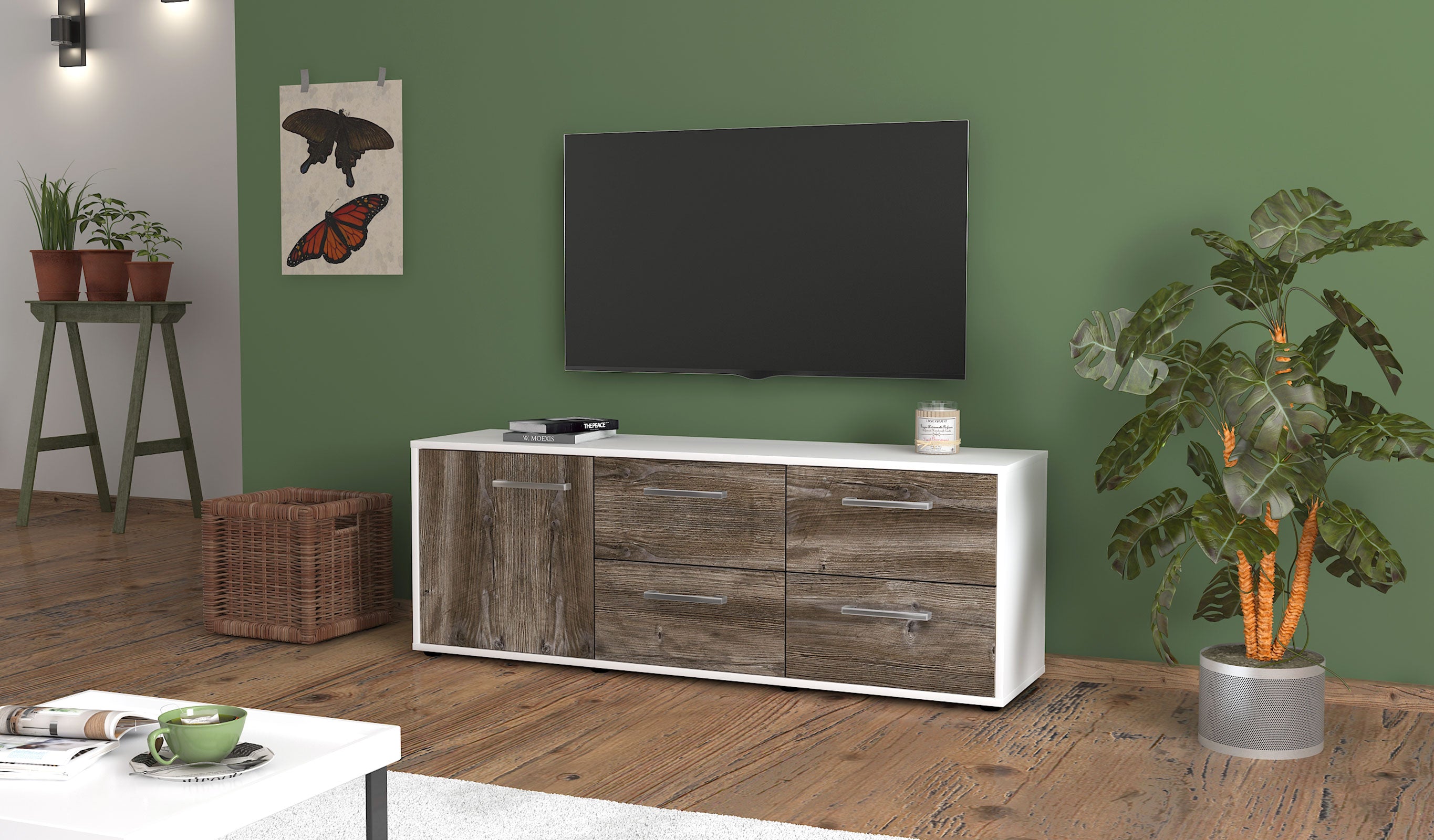 Lowboard - Aloisia - Design Holzdekor - Freistehend mit Griffe 136 cm Weiss