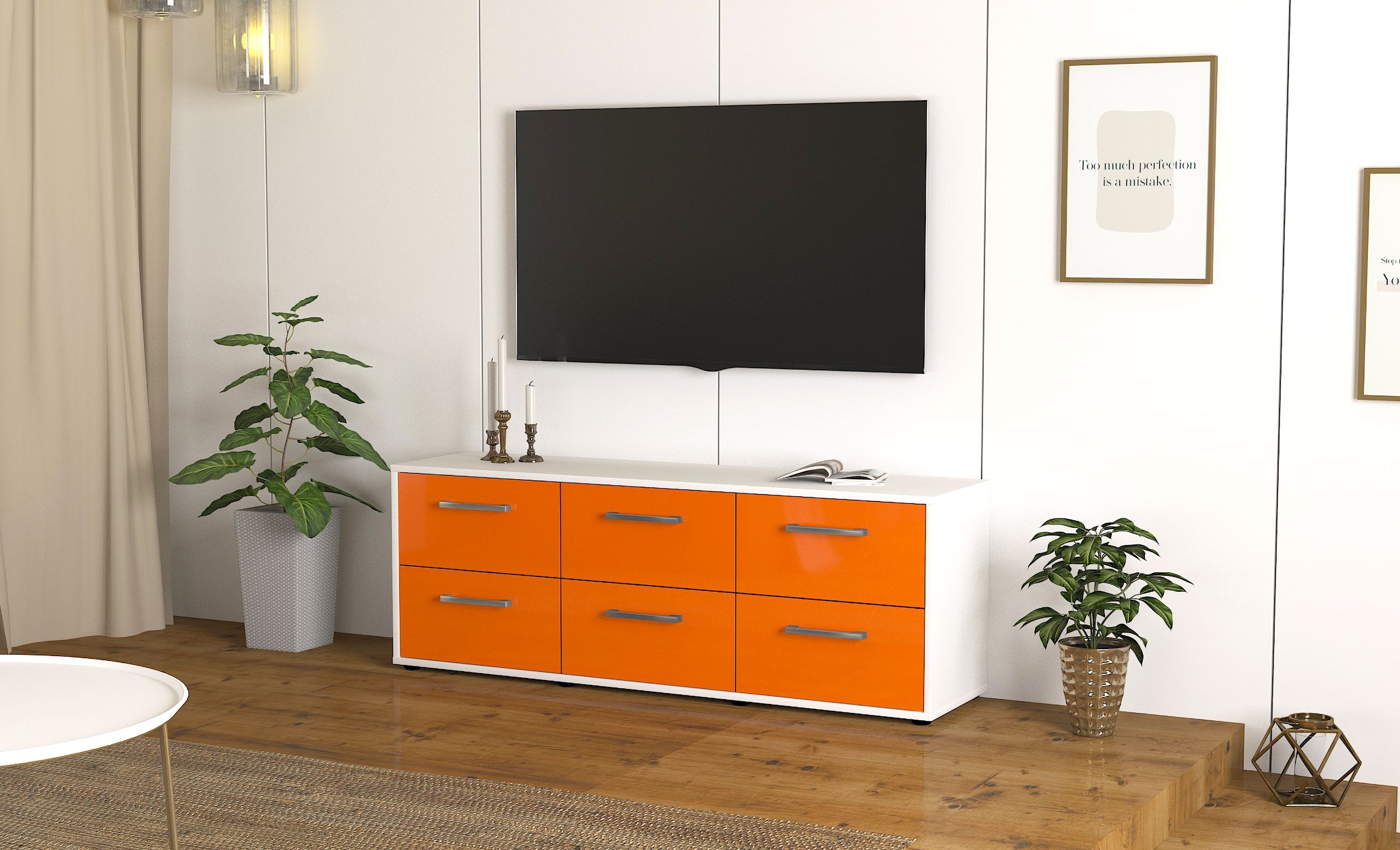 Lowboard - Alva - Design Hochglanz - Freistehend mit Griffe 136 cm Weiss