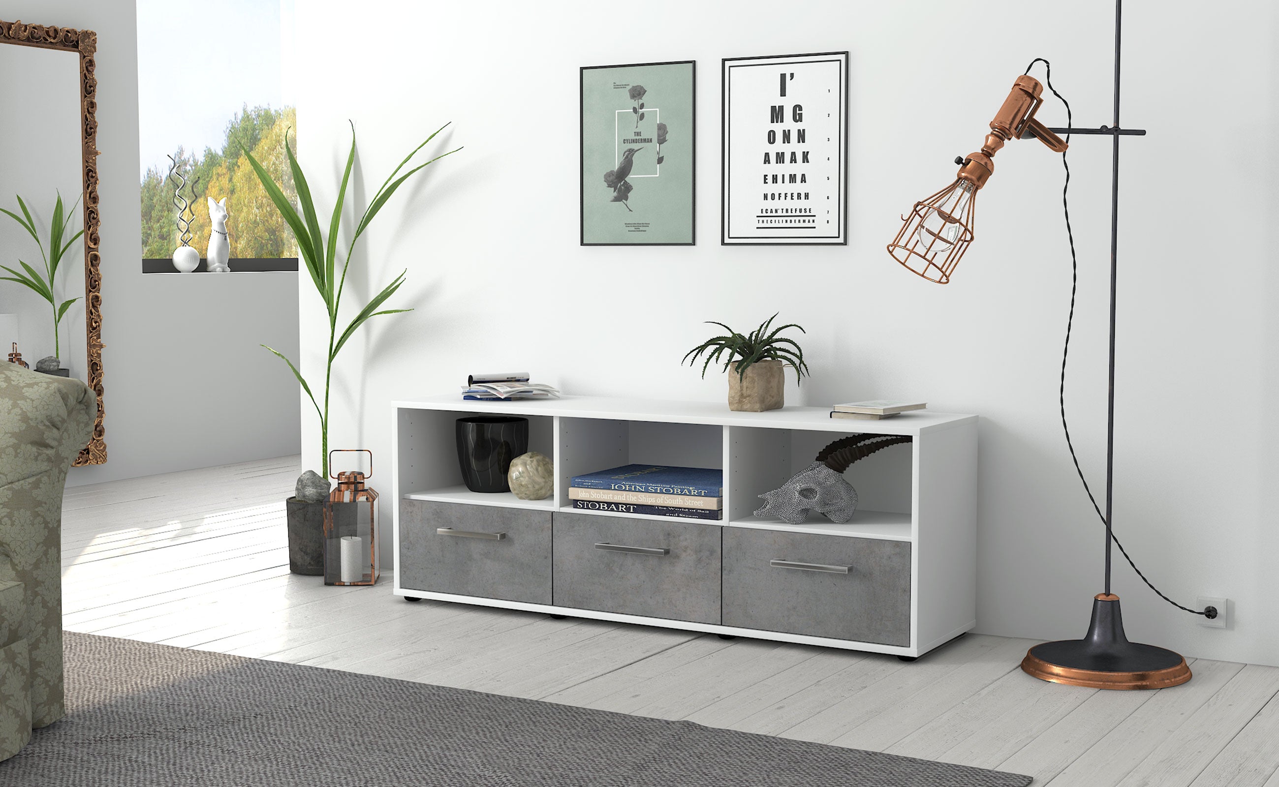 Lowboard - Amalia - Design Industrie Stil - Freistehend mit Griffe 136 cm Weiss