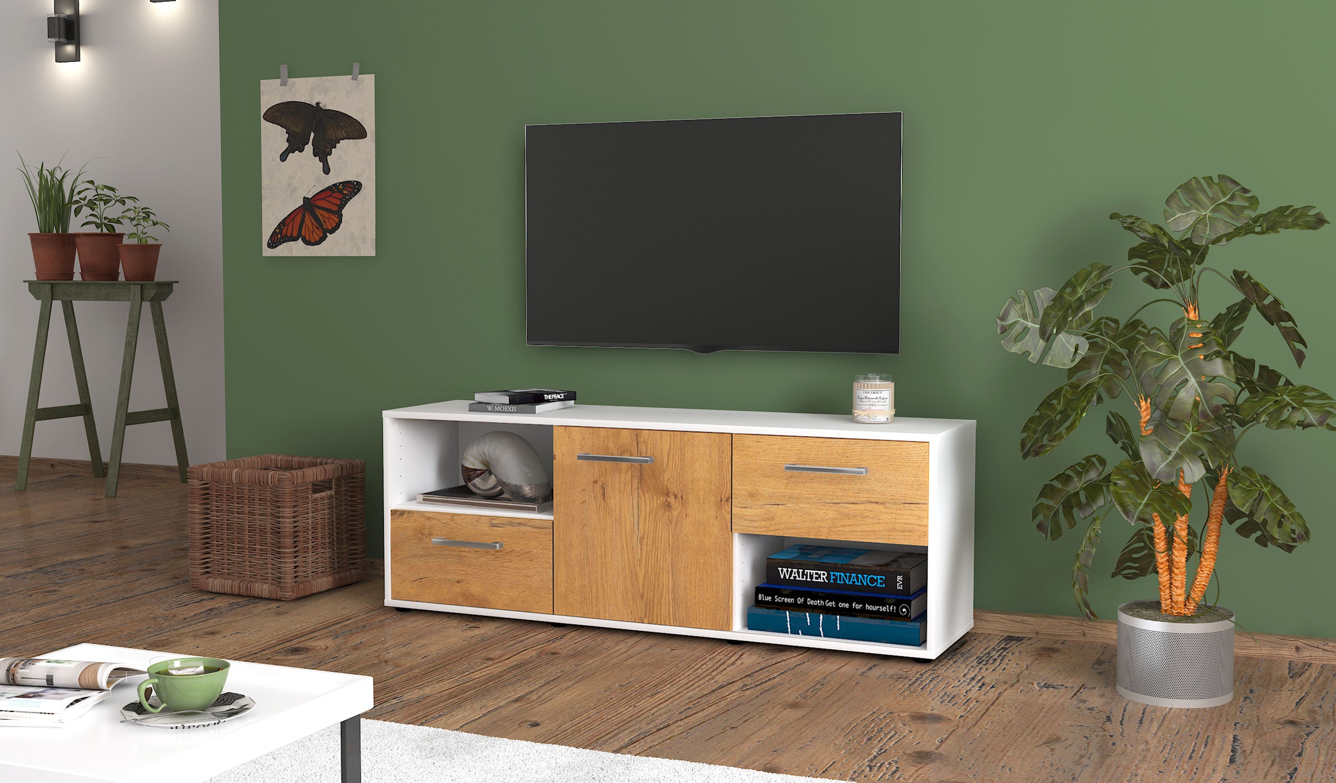 Lowboard - Ambra - Design Holzdekor - Freistehend mit Griffe 136 cm Weiss