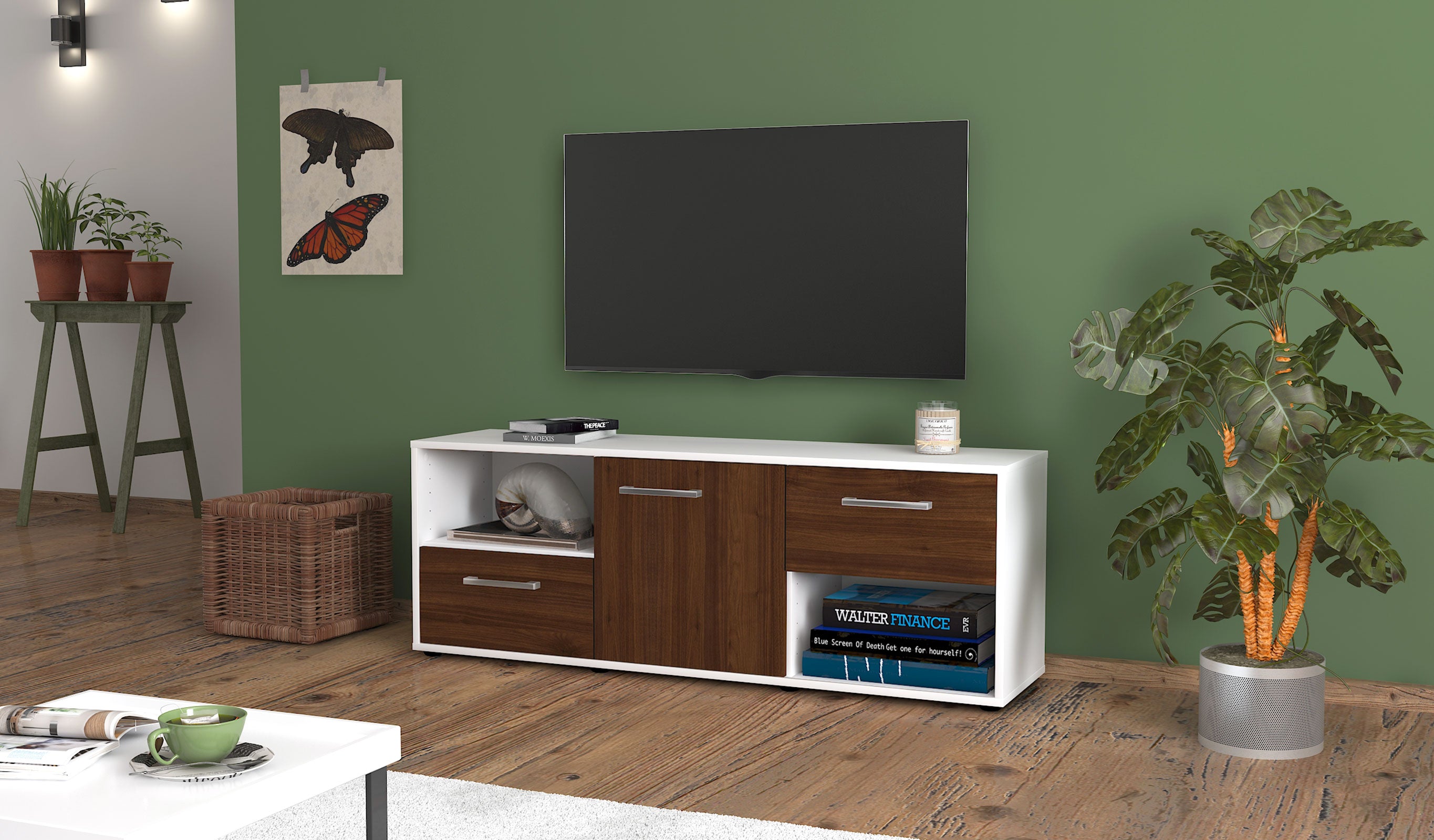 Lowboard - Ambra - Design Holzdekor - Freistehend mit Griffe 136 cm Weiss