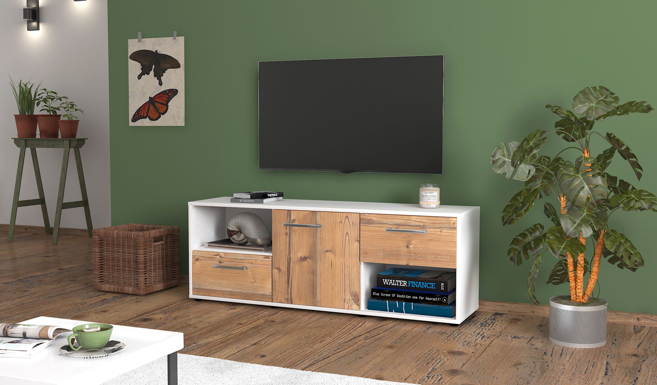 Lowboard - Ambra - Design Holzdekor - Freistehend mit Griffe 136 cm Weiss