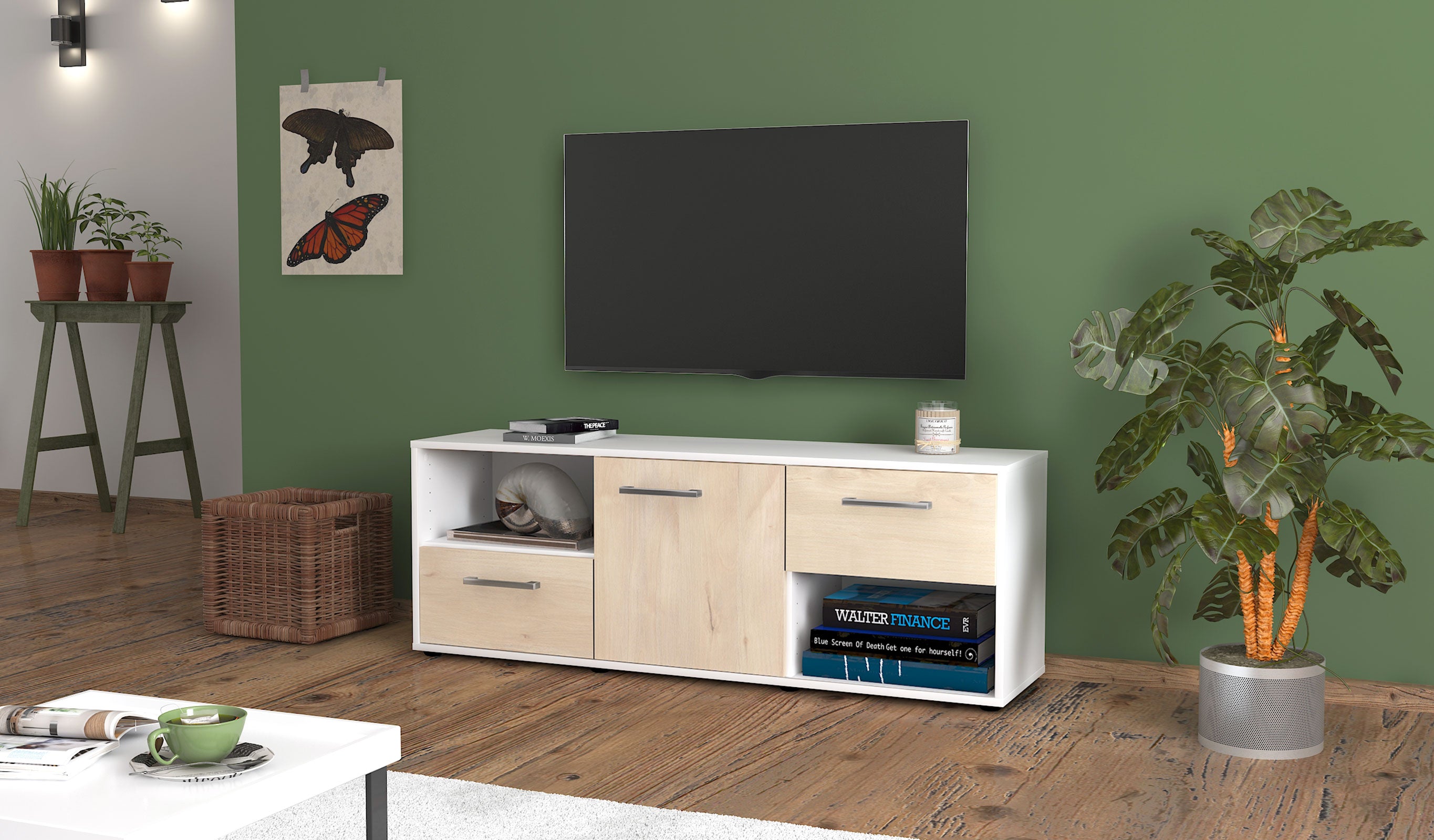 Lowboard - Ambra - Design Holzdekor - Freistehend mit Griffe 136 cm Weiss