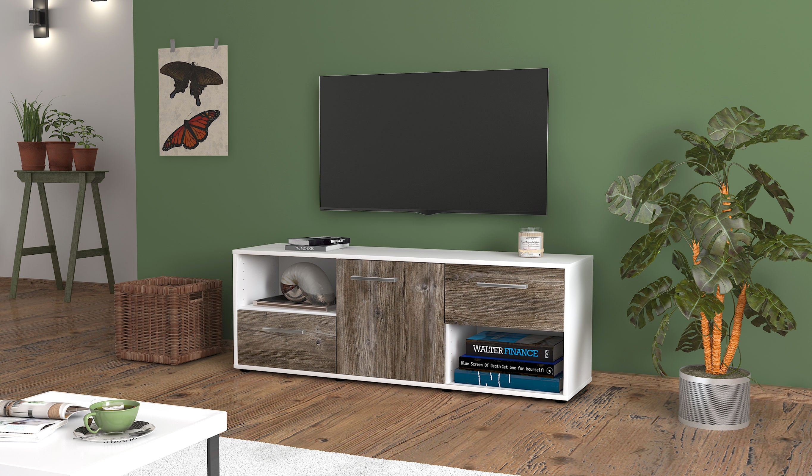 Lowboard - Ambra - Design Holzdekor - Freistehend mit Griffe 136 cm Weiss