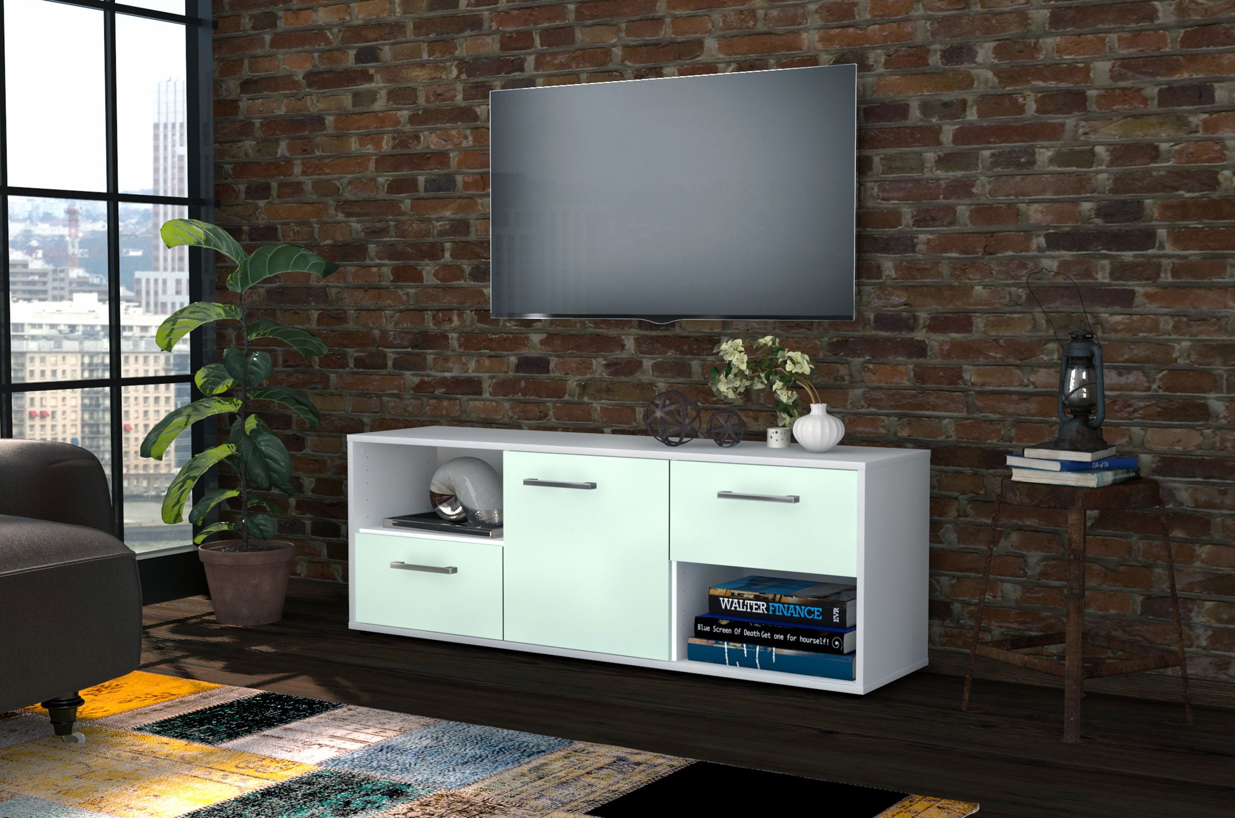 Lowboard - Ambra - Design Farbakzent - Freistehend mit Griffe 136 cm Weiss