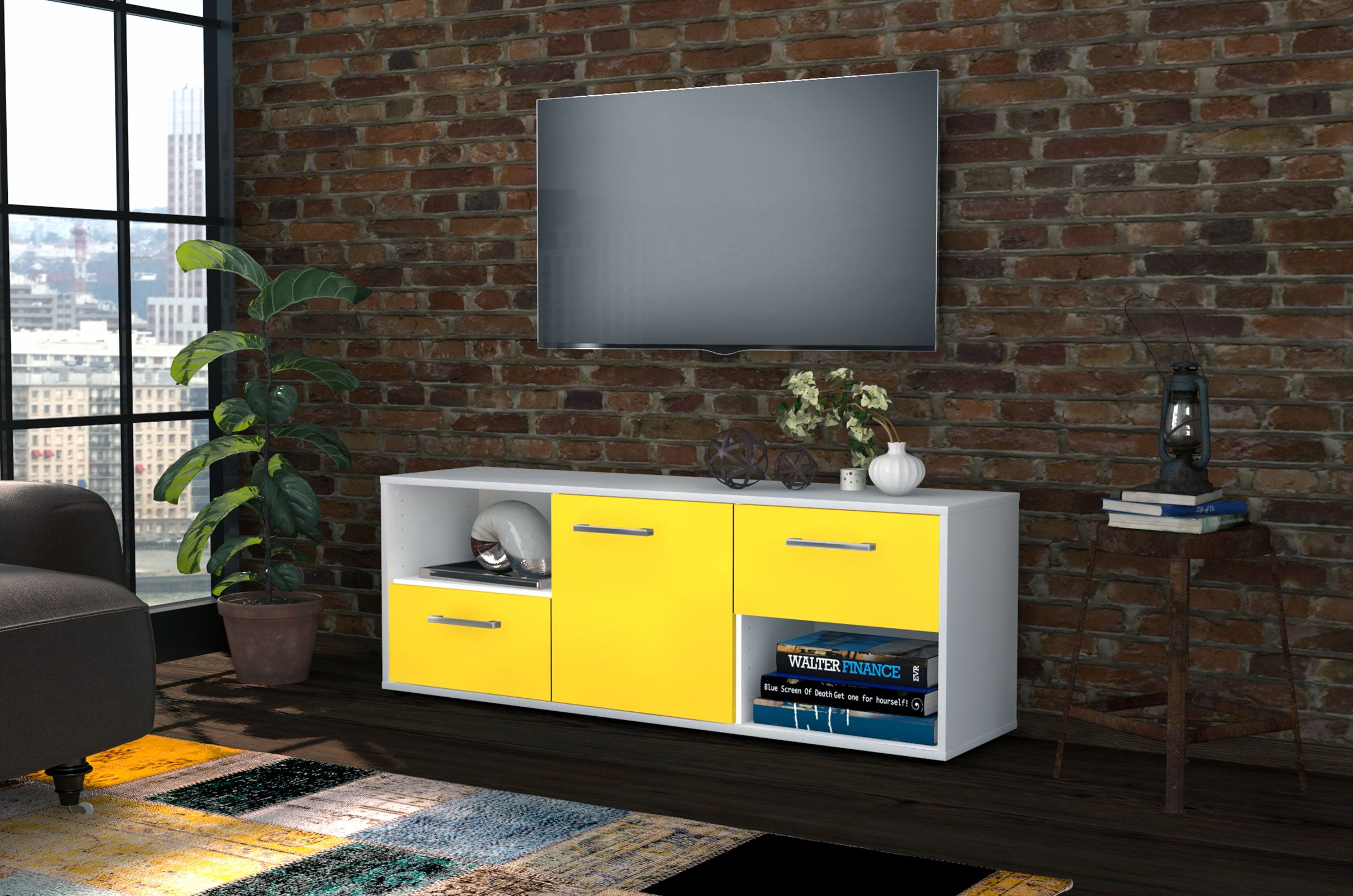 Lowboard - Ambra - Design Farbakzent - Freistehend mit Griffe 136 cm Weiss