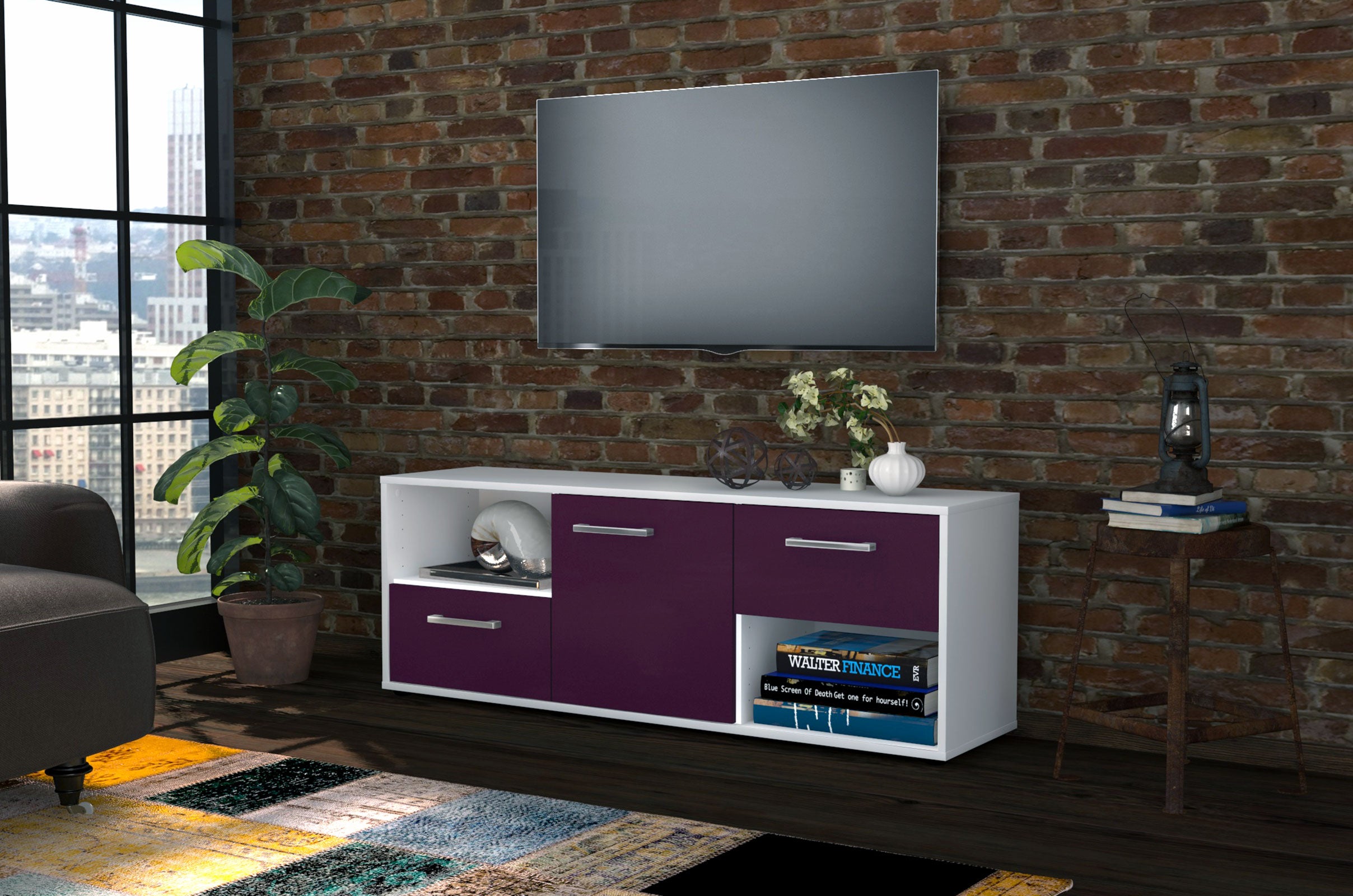 Lowboard - Ambra - Design Farbakzent - Freistehend mit Griffe 136 cm Weiss