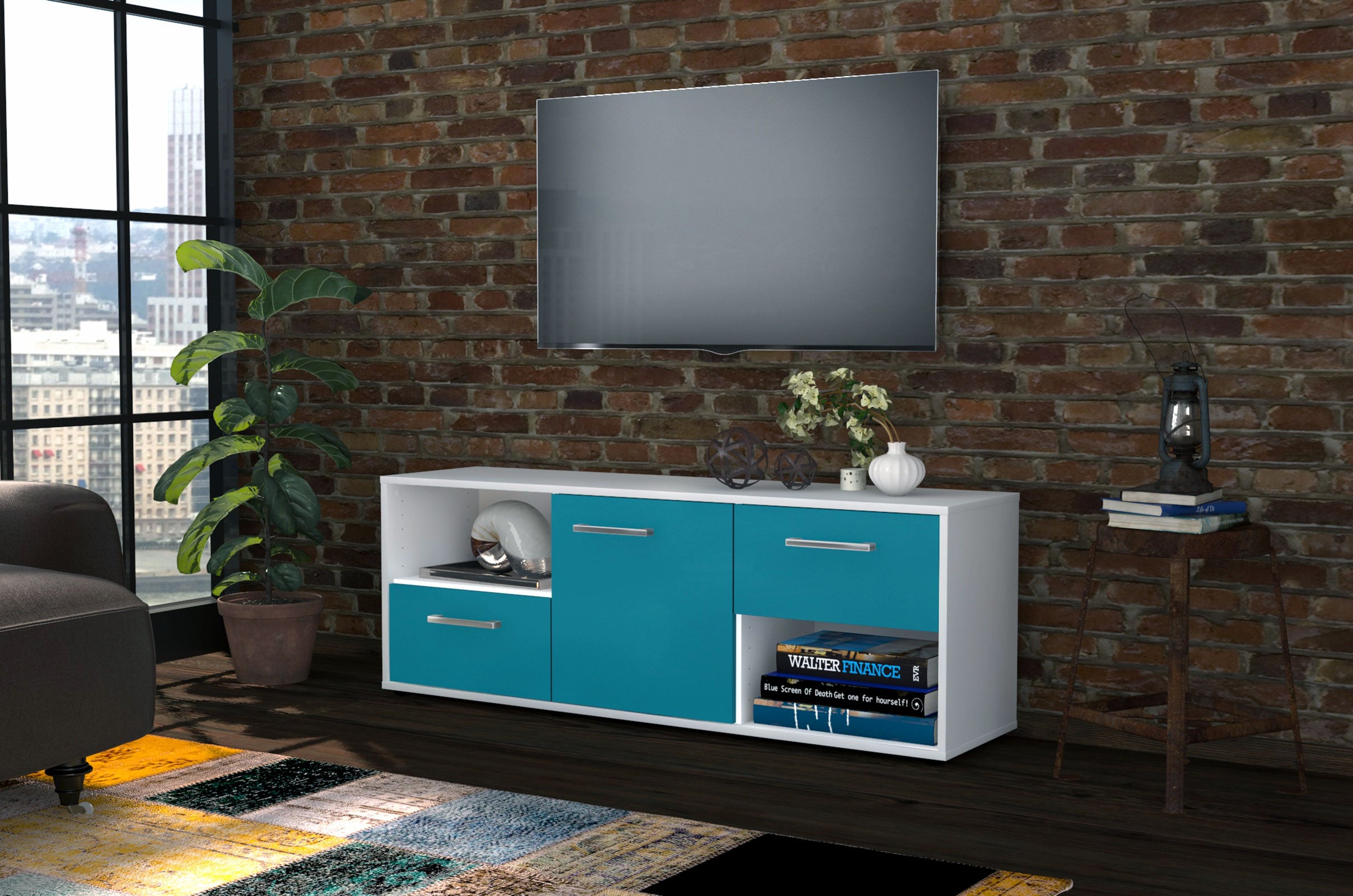 Lowboard - Ambra - Design Farbakzent - Freistehend mit Griffe 136 cm Weiss