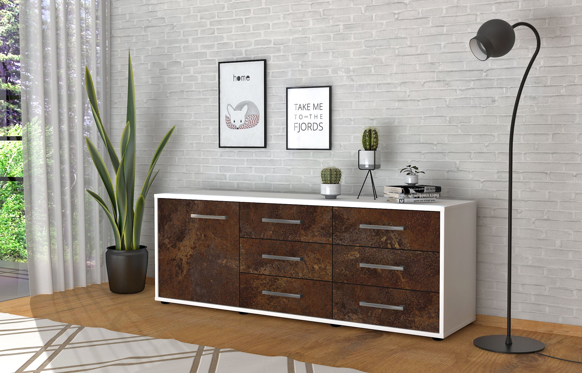 Lowboard - Amedea - Design Industrie Stil - Freistehend mit Griffe 136 cm Weiss