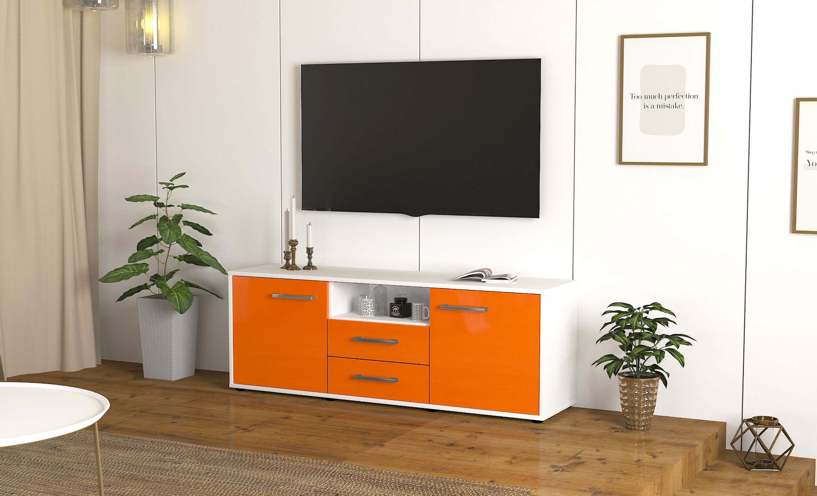 Lowboard - Ameriga - Design Hochglanz - Freistehend mit Griffe 136 cm Weiss