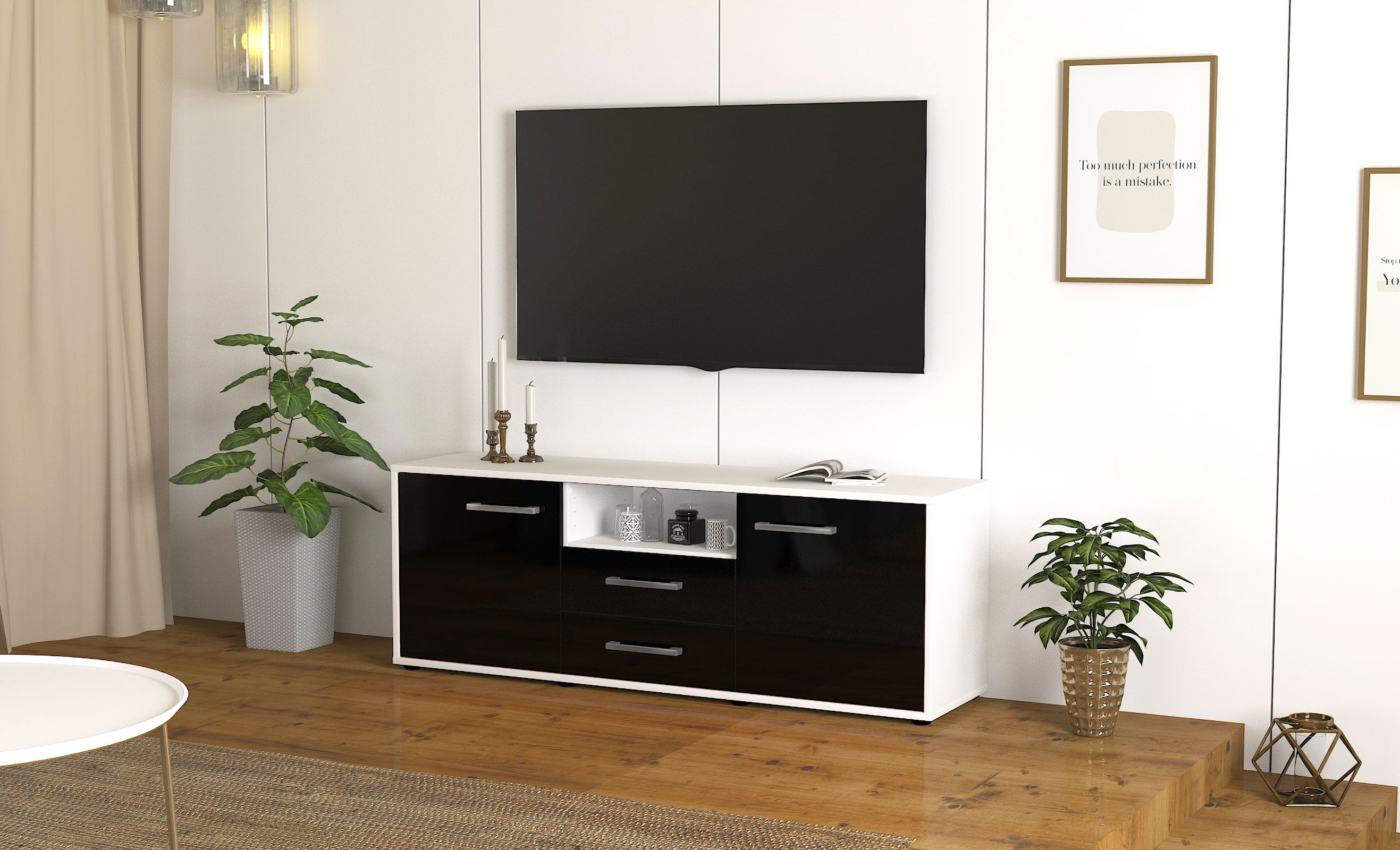 Lowboard - Ameriga - Design Hochglanz - Freistehend mit Griffe 136 cm Weiss