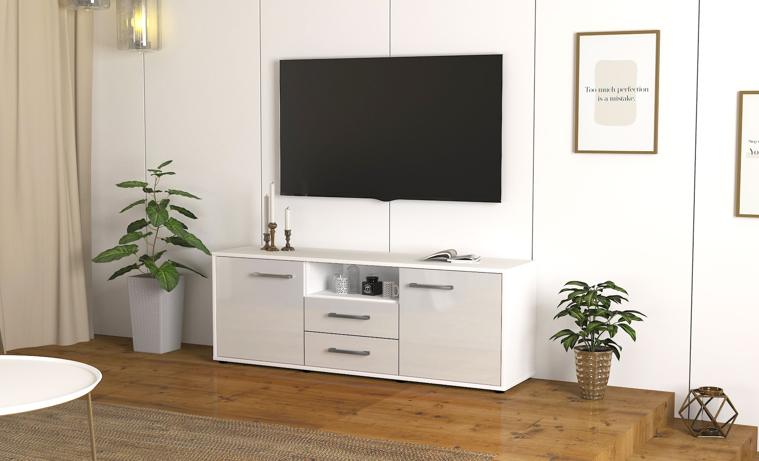 Lowboard - Ameriga - Design Hochglanz - Freistehend mit Griffe 136 cm Weiss