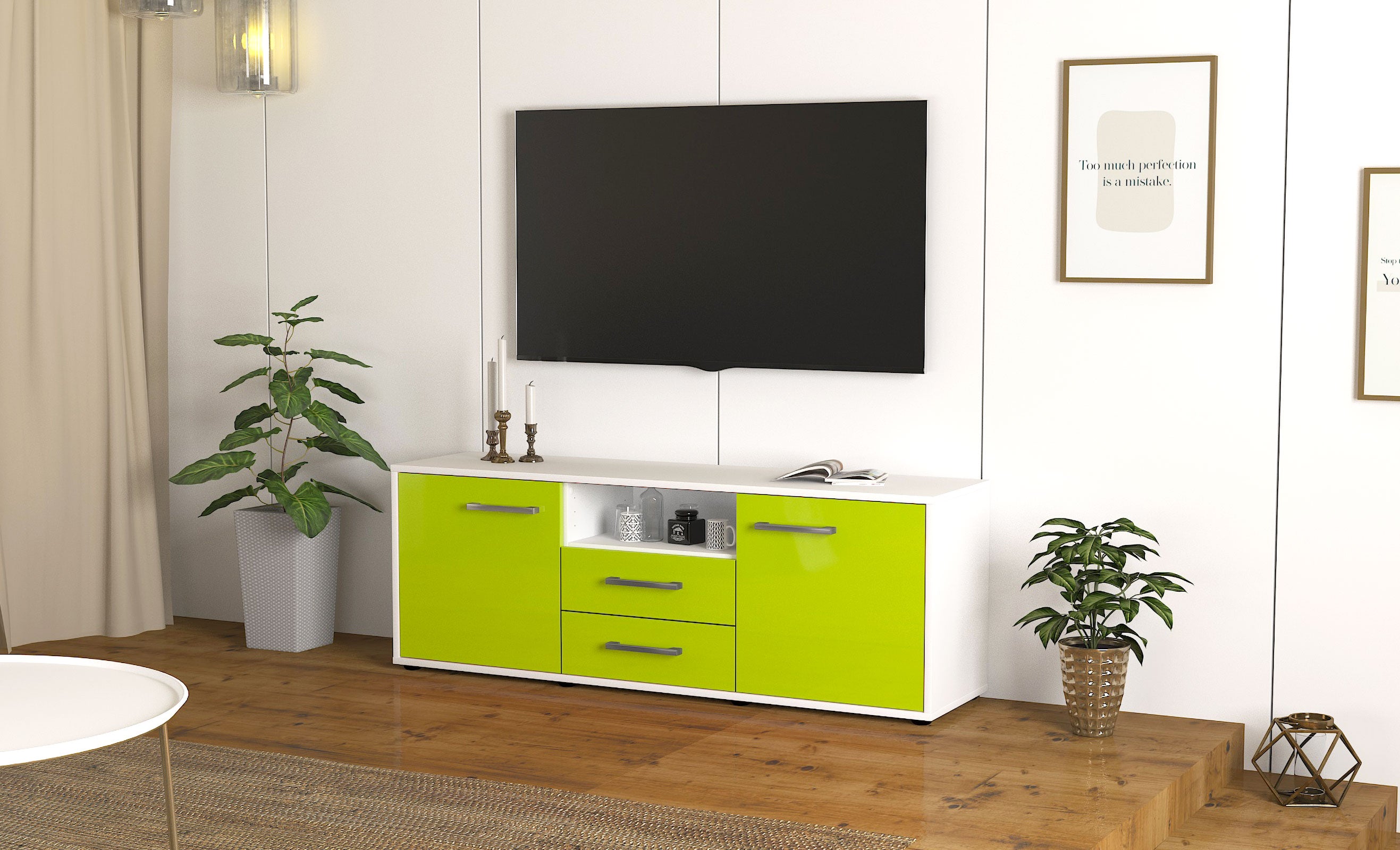 Lowboard - Ameriga - Design Hochglanz - Freistehend mit Griffe 136 cm Weiss