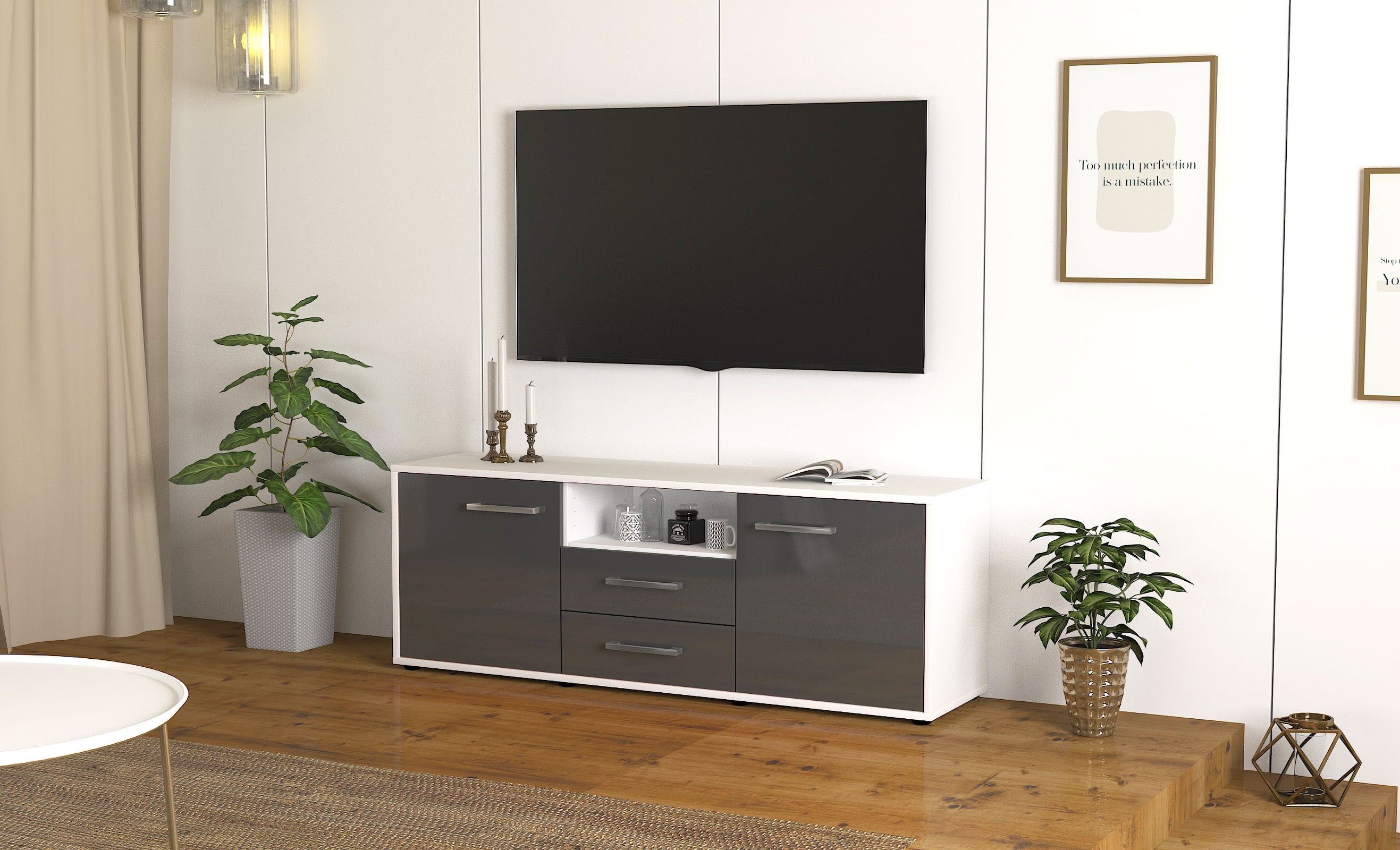 Lowboard - Ameriga - Design Hochglanz - Freistehend mit Griffe 136 cm Weiss