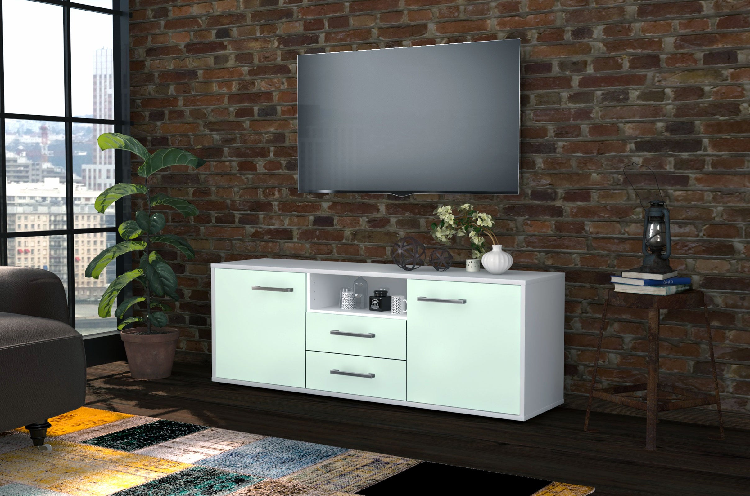 Lowboard - Ameriga - Design Farbakzent - Freistehend mit Griffe 136 cm Weiss