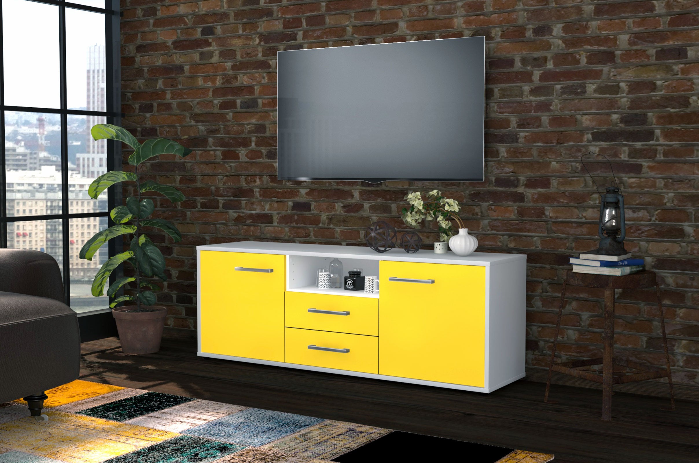 Lowboard - Ameriga - Design Farbakzent - Freistehend mit Griffe 136 cm Weiss