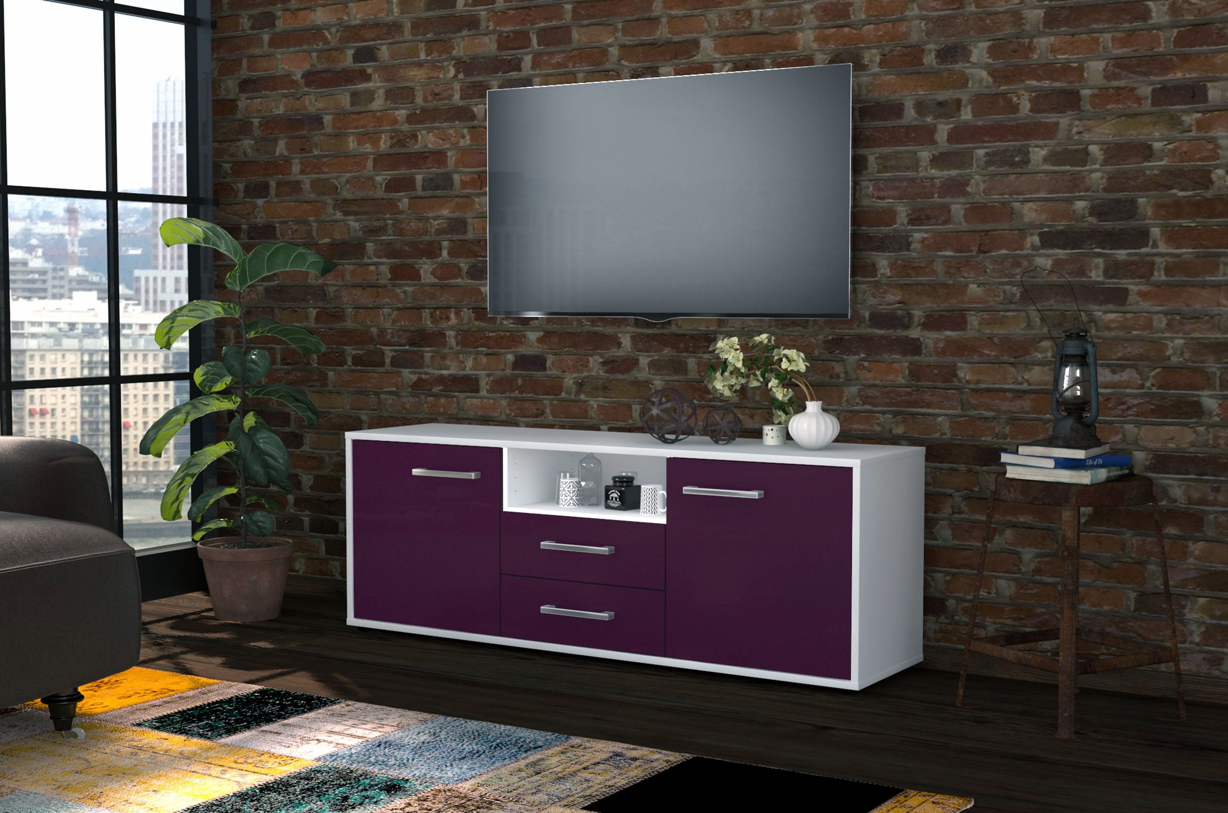 Lowboard - Ameriga - Design Farbakzent - Freistehend mit Griffe 136 cm Weiss