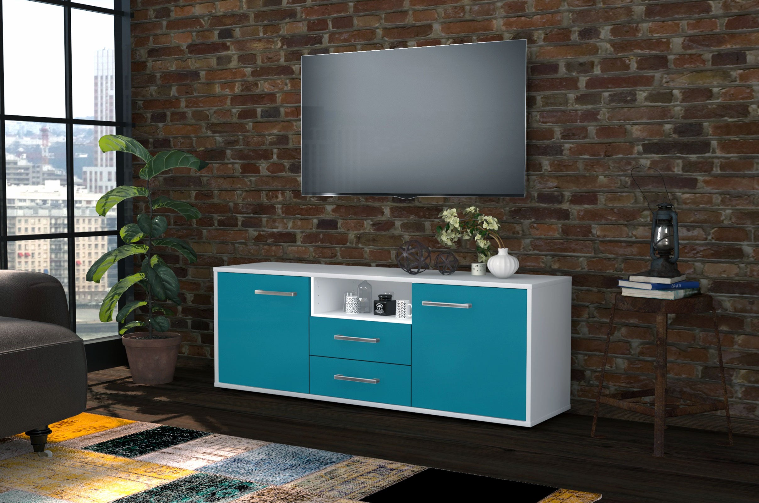 Lowboard - Ameriga - Design Farbakzent - Freistehend mit Griffe 136 cm Weiss