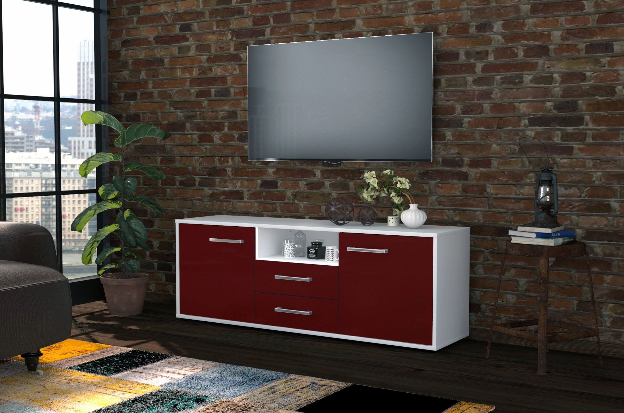 Lowboard - Ameriga - Design Farbakzent - Freistehend mit Griffe 136 cm Weiss