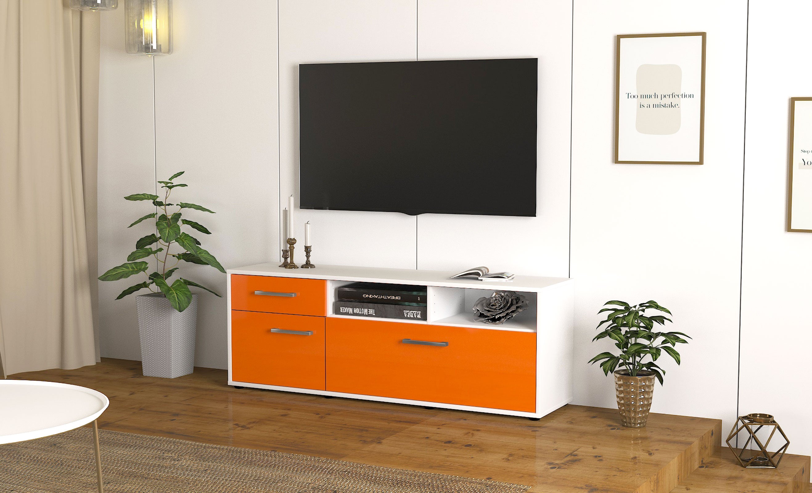Lowboard - Amisa - Design Hochglanz - Freistehend mit Griffe 136 cm Weiss