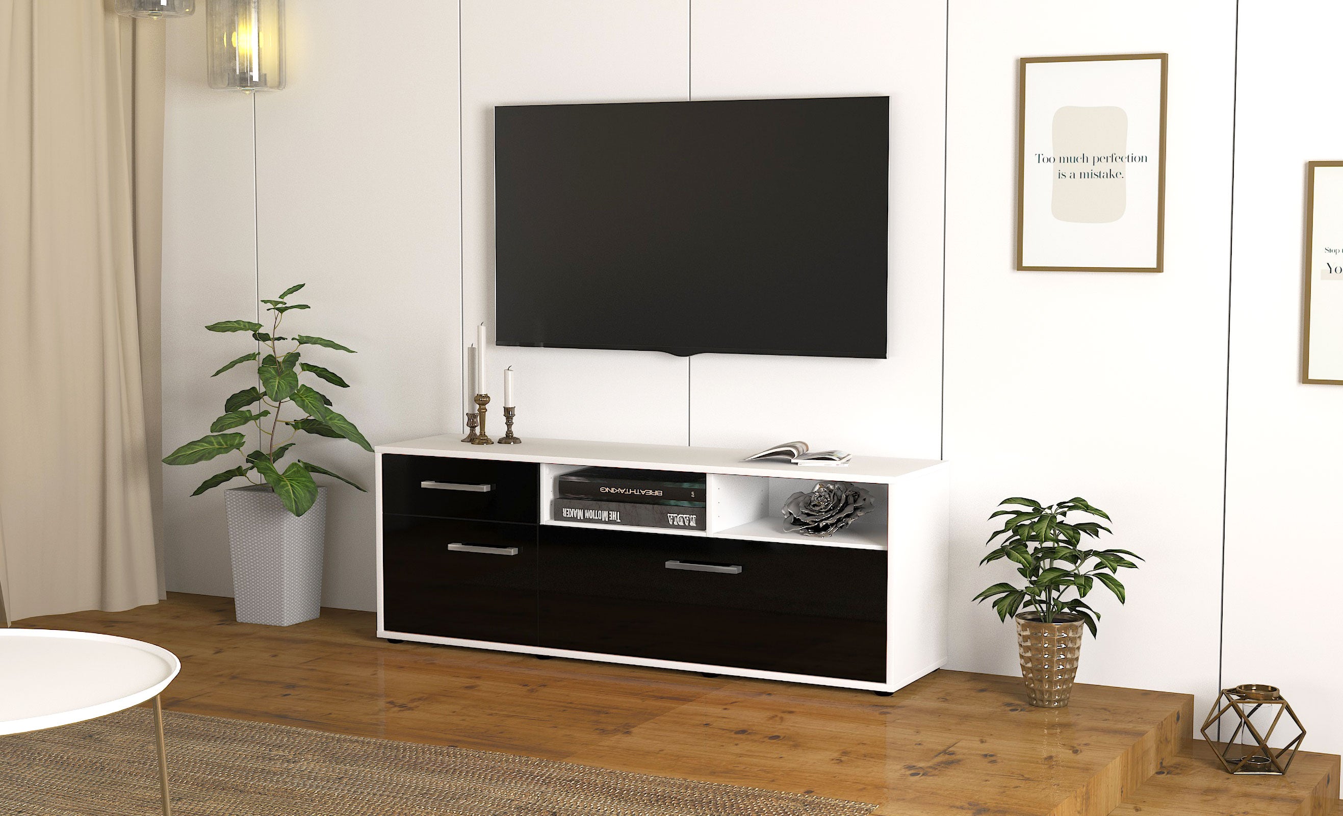Lowboard - Amisa - Design Hochglanz - Freistehend mit Griffe 136 cm Weiss