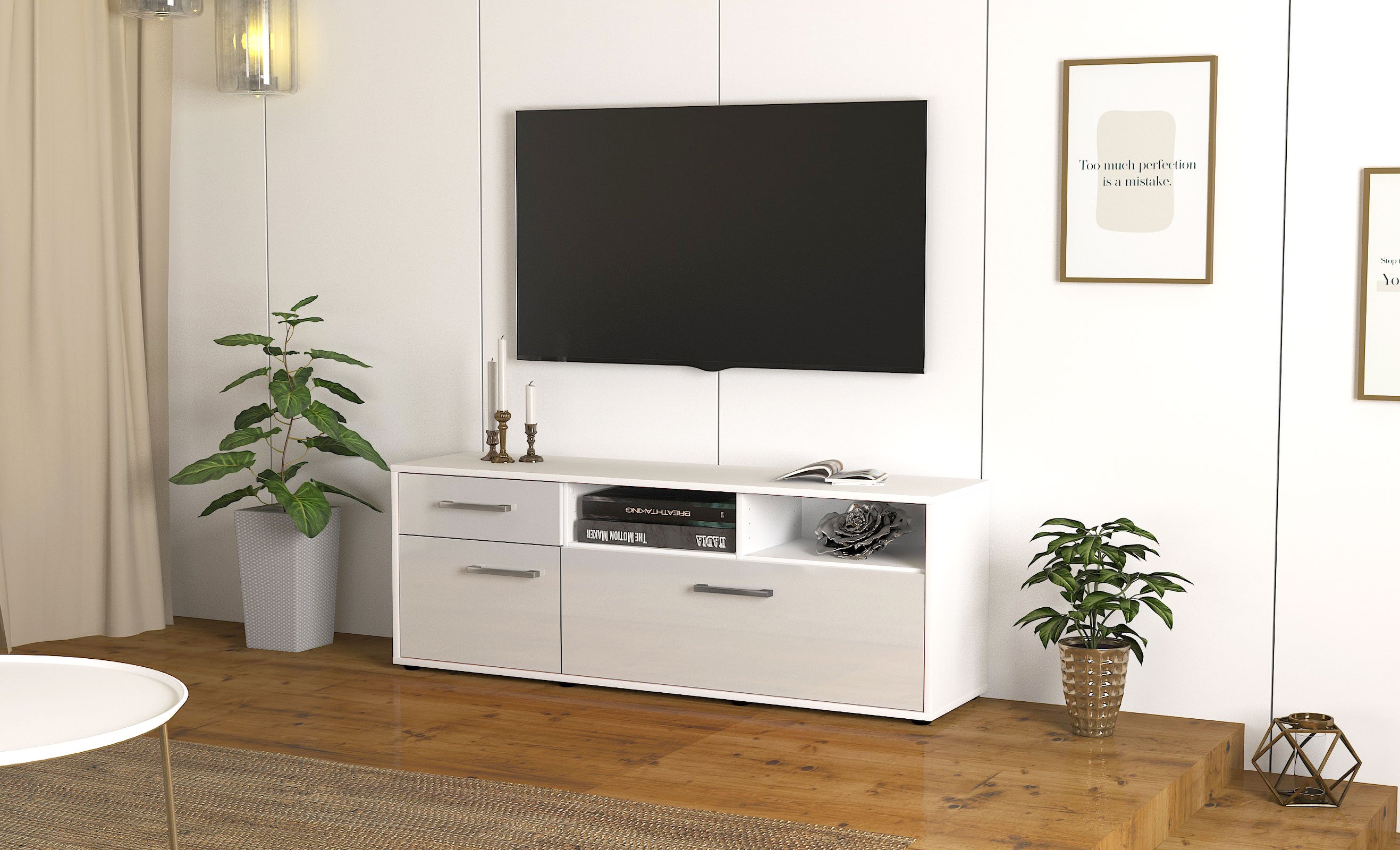 Lowboard - Amisa - Design Hochglanz - Freistehend mit Griffe 136 cm Weiss