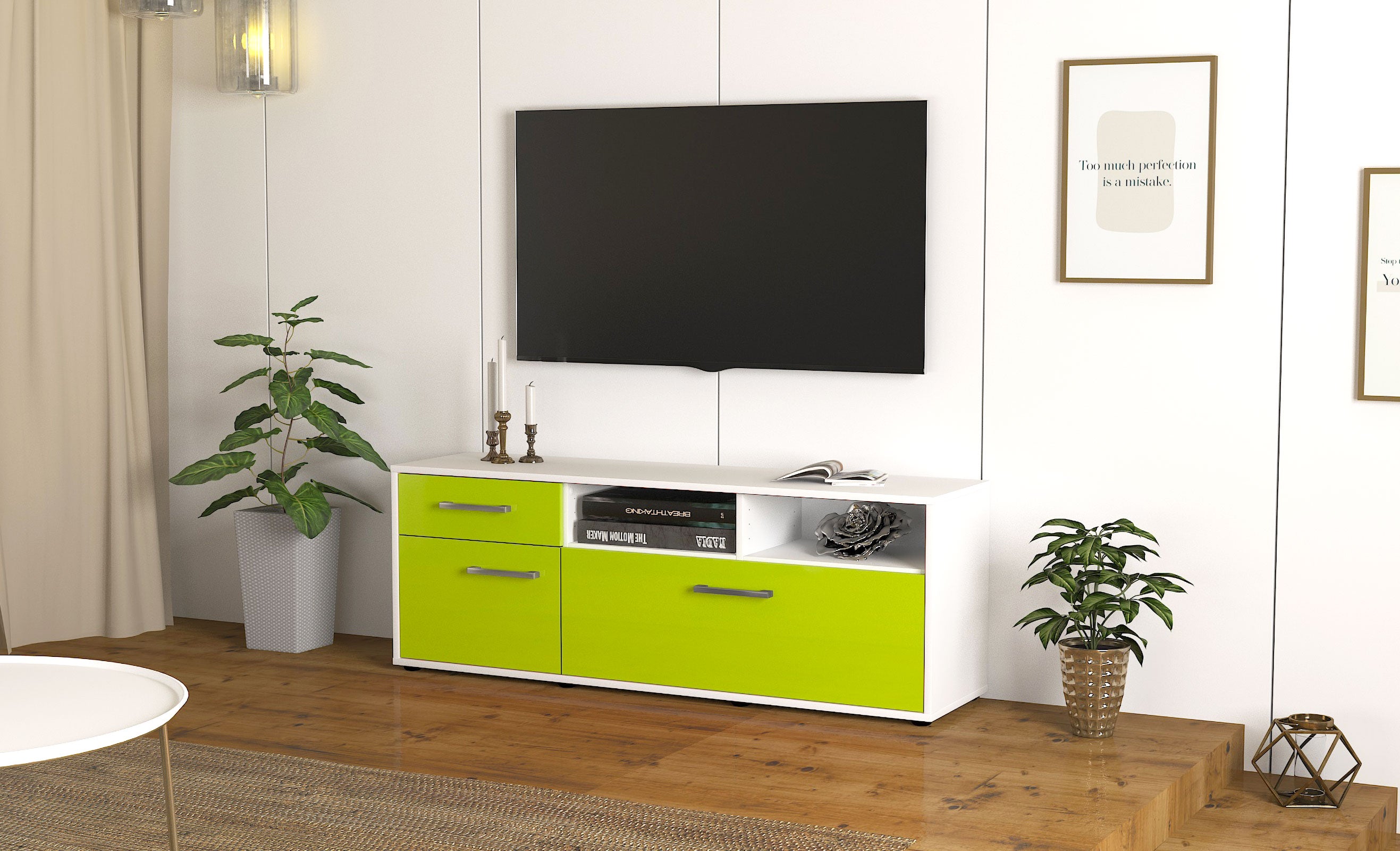 Lowboard - Amisa - Design Hochglanz - Freistehend mit Griffe 136 cm Weiss