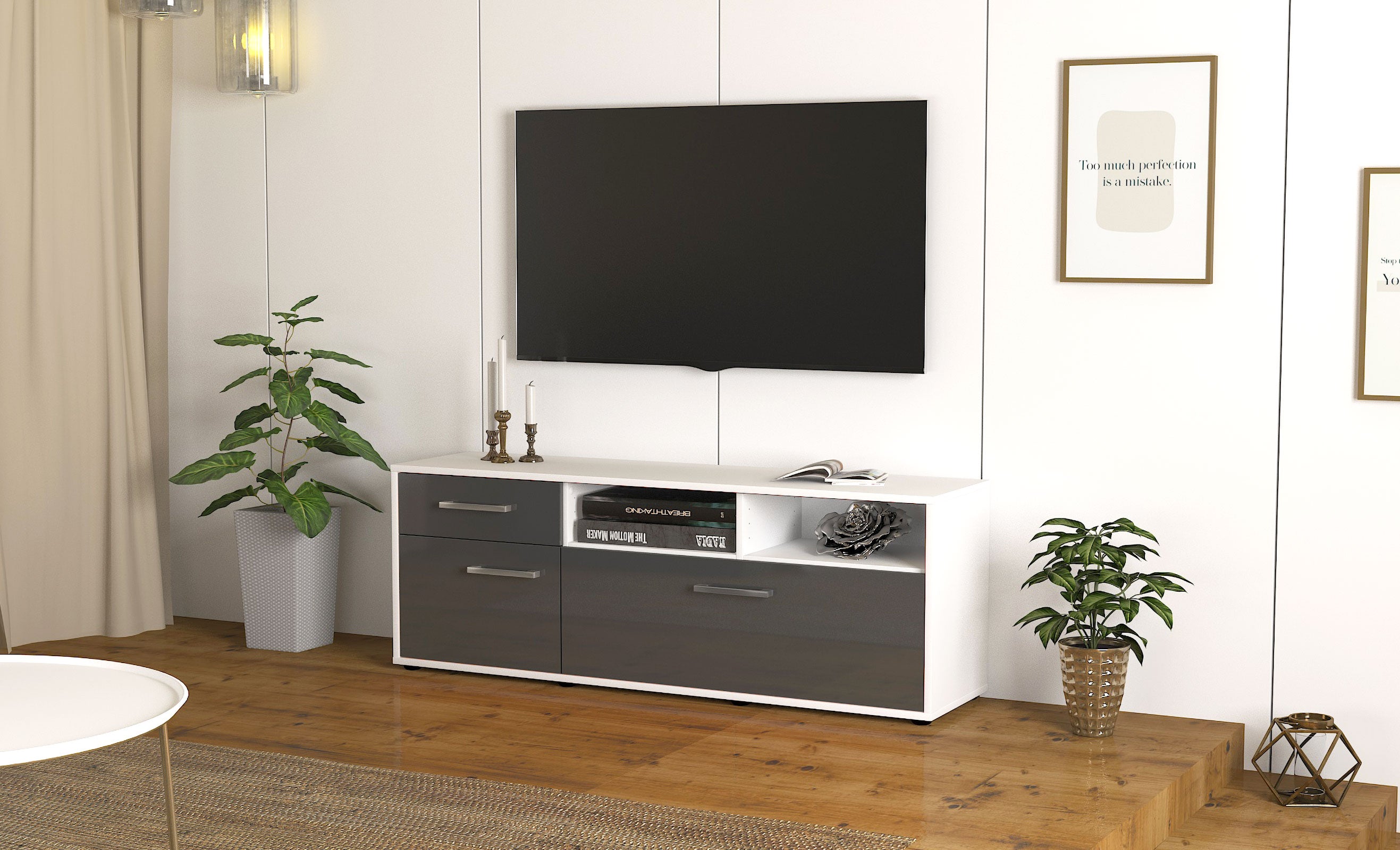 Lowboard - Amisa - Design Hochglanz - Freistehend mit Griffe 136 cm Weiss