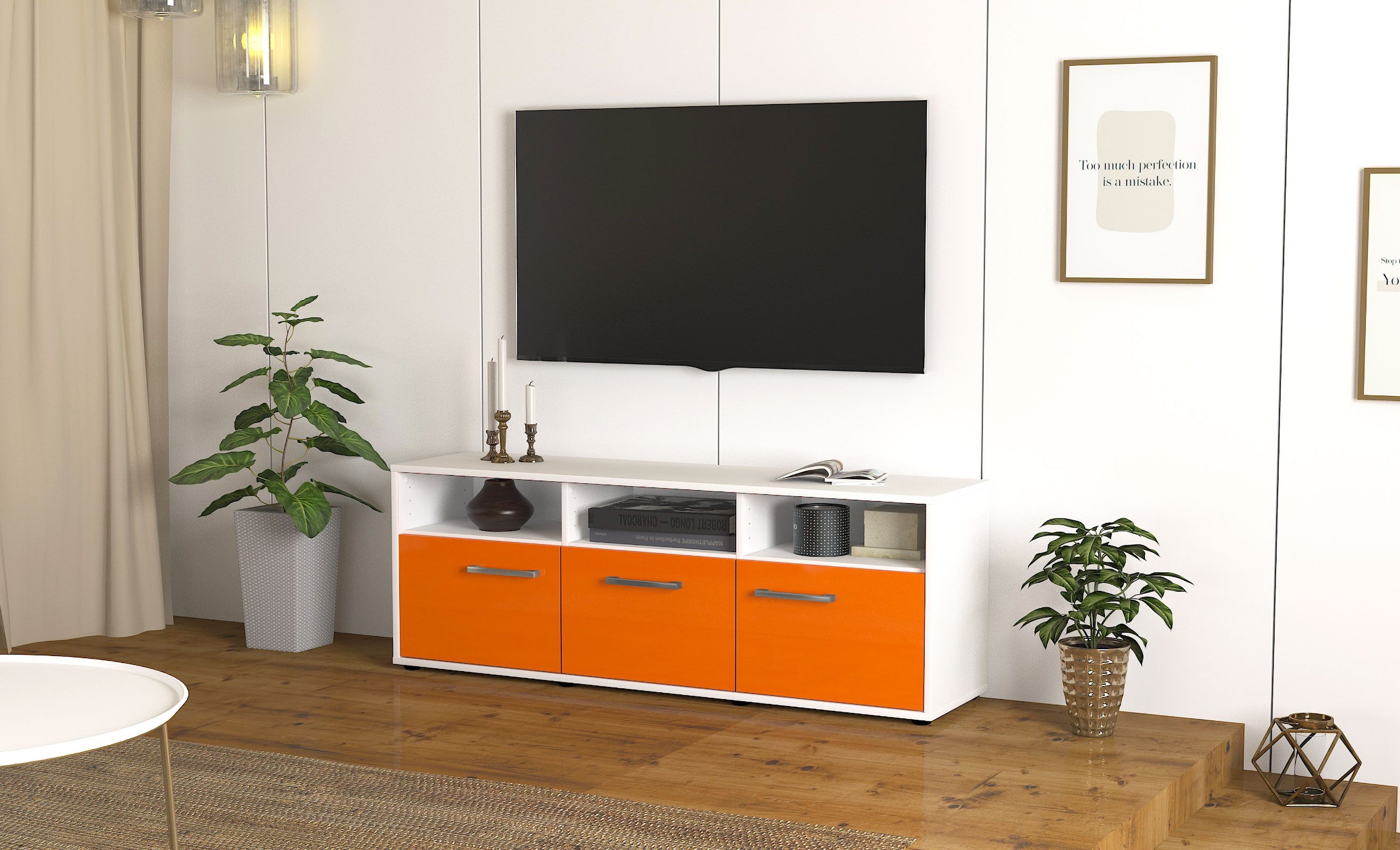 Lowboard - Andrina - Design Hochglanz - Freistehend mit Griffe 136 cm Weiss