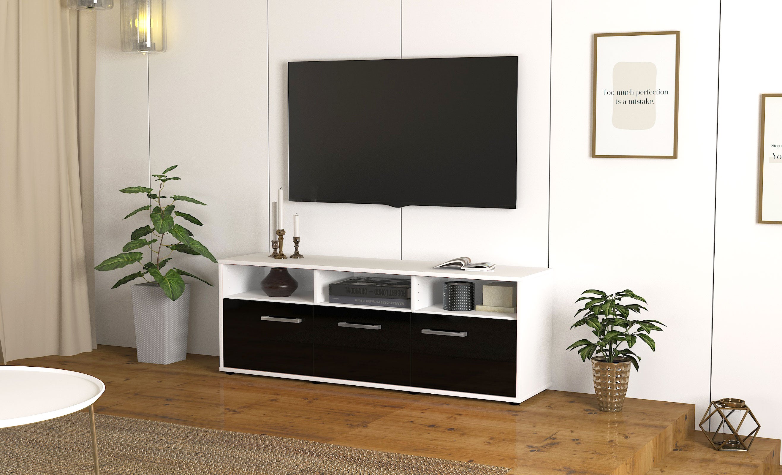 Lowboard - Andrina - Design Hochglanz - Freistehend mit Griffe 136 cm Weiss
