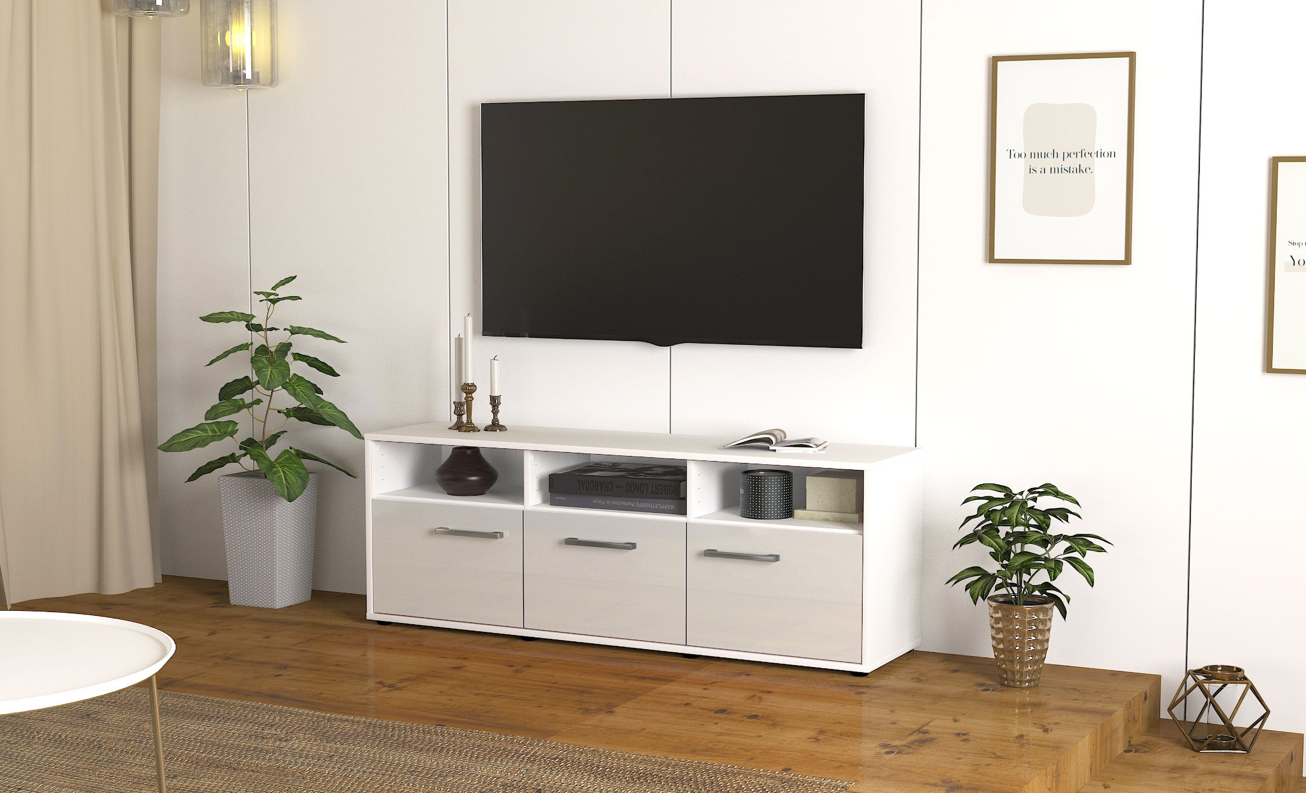 Lowboard - Andrina - Design Hochglanz - Freistehend mit Griffe 136 cm Weiss