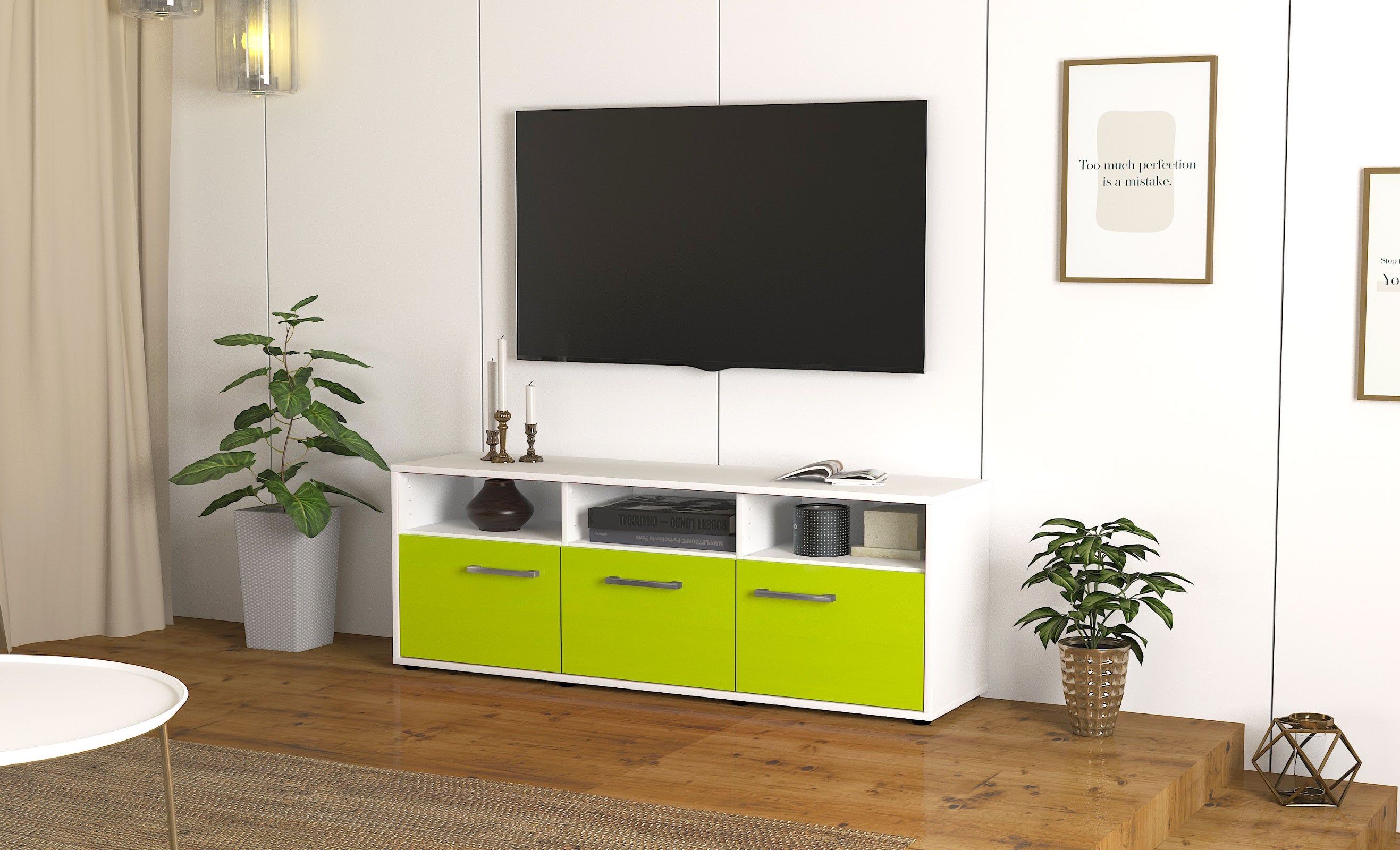 Lowboard - Andrina - Design Hochglanz - Freistehend mit Griffe 136 cm Weiss