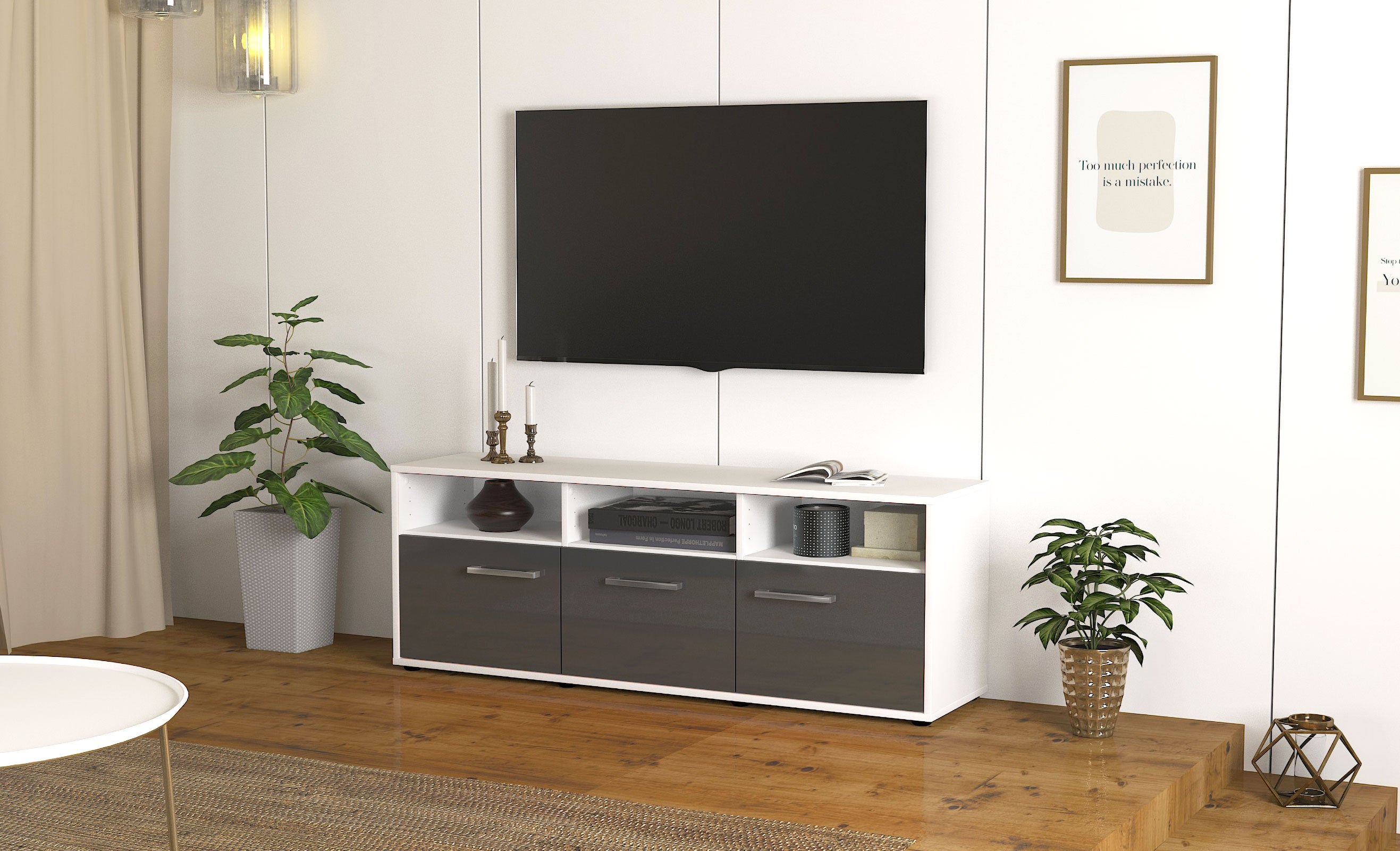Lowboard - Andrina - Design Hochglanz - Freistehend mit Griffe 136 cm Weiss