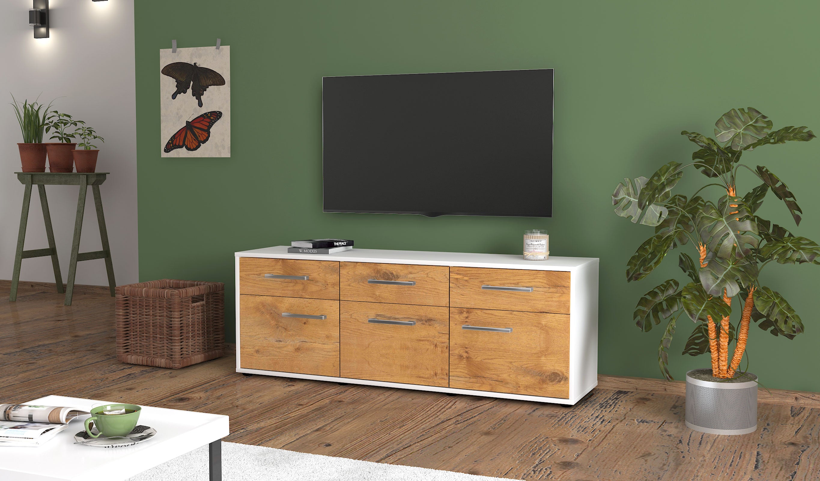Lowboard - Angela - Design Holzdekor - Freistehend mit Griffe 136 cm Weiss