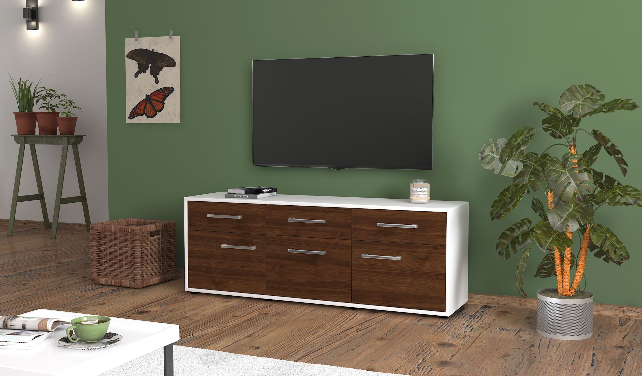 Lowboard - Angela - Design Holzdekor - Freistehend mit Griffe 136 cm Weiss