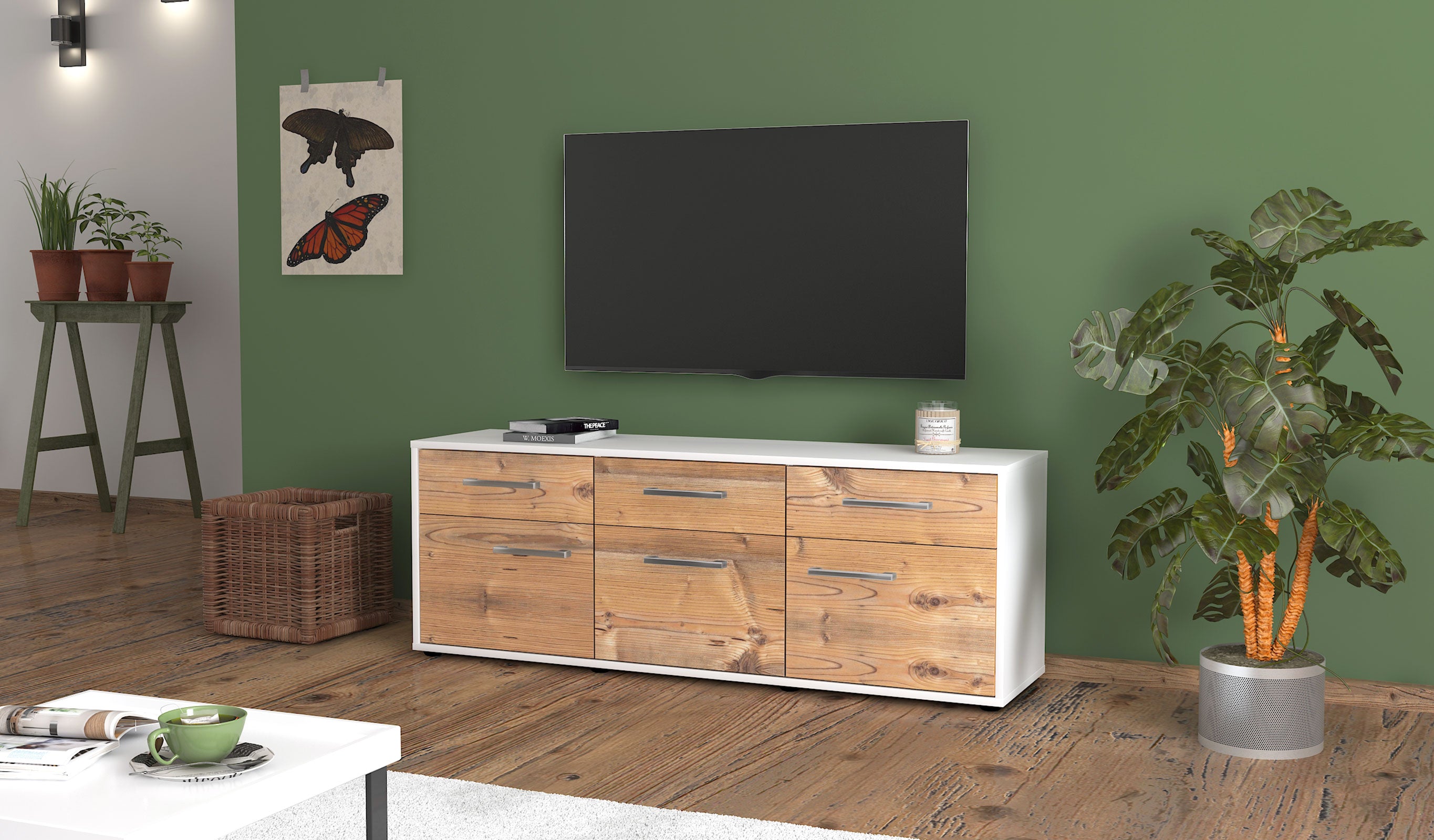 Lowboard - Angela - Design Holzdekor - Freistehend mit Griffe 136 cm Weiss