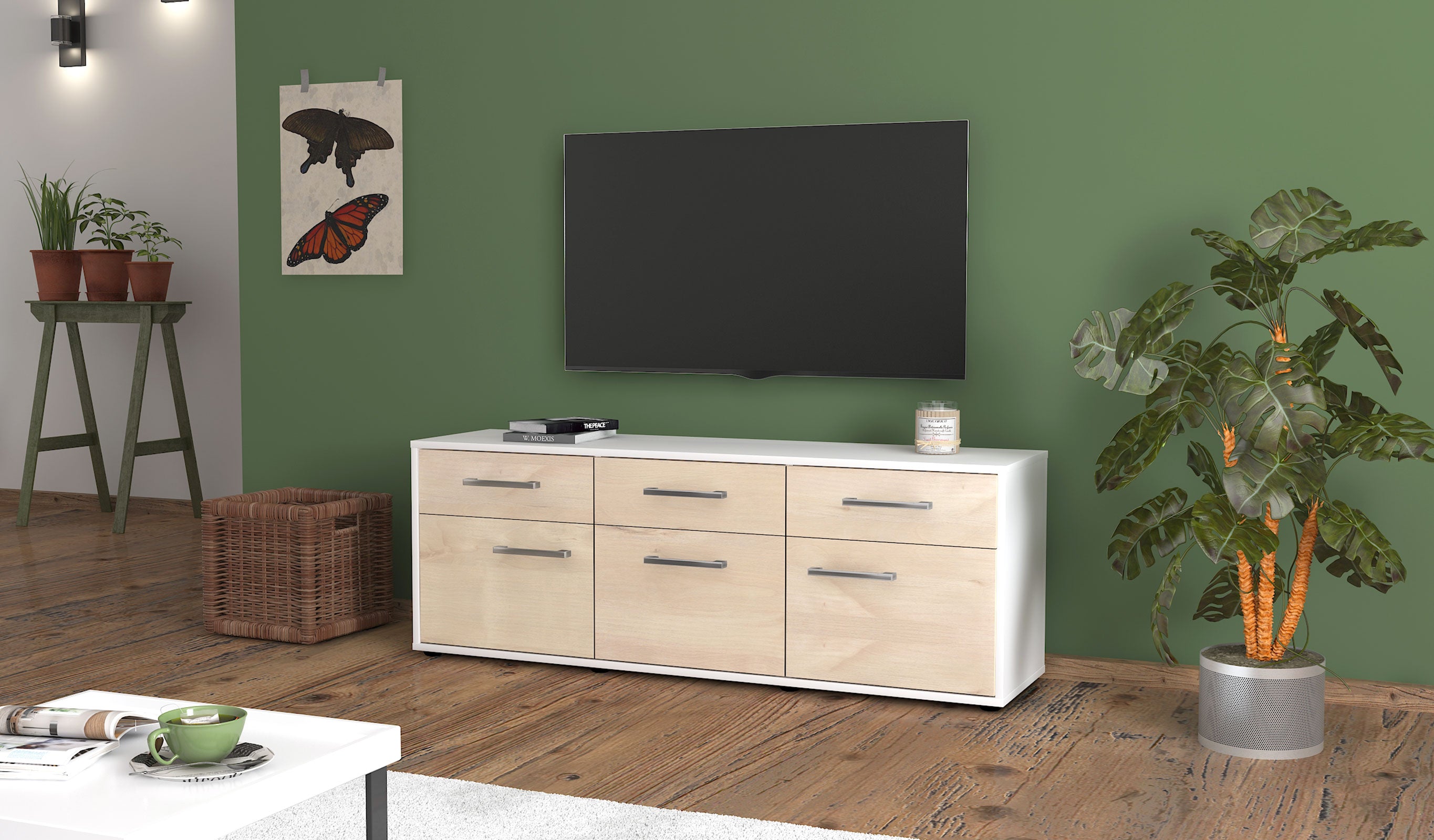 Lowboard - Angela - Design Holzdekor - Freistehend mit Griffe 136 cm Weiss