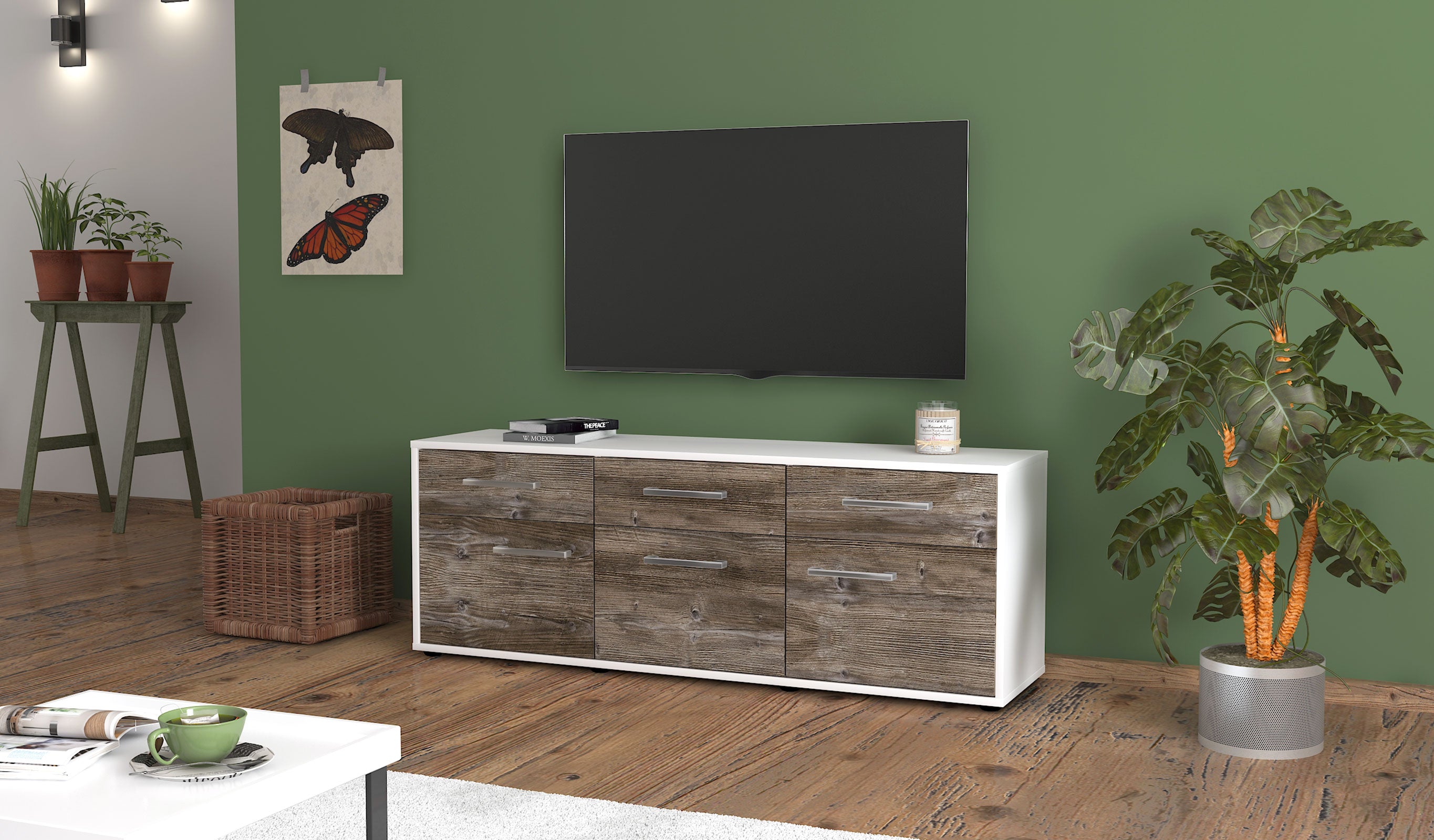 Lowboard - Angela - Design Holzdekor - Freistehend mit Griffe 136 cm Weiss