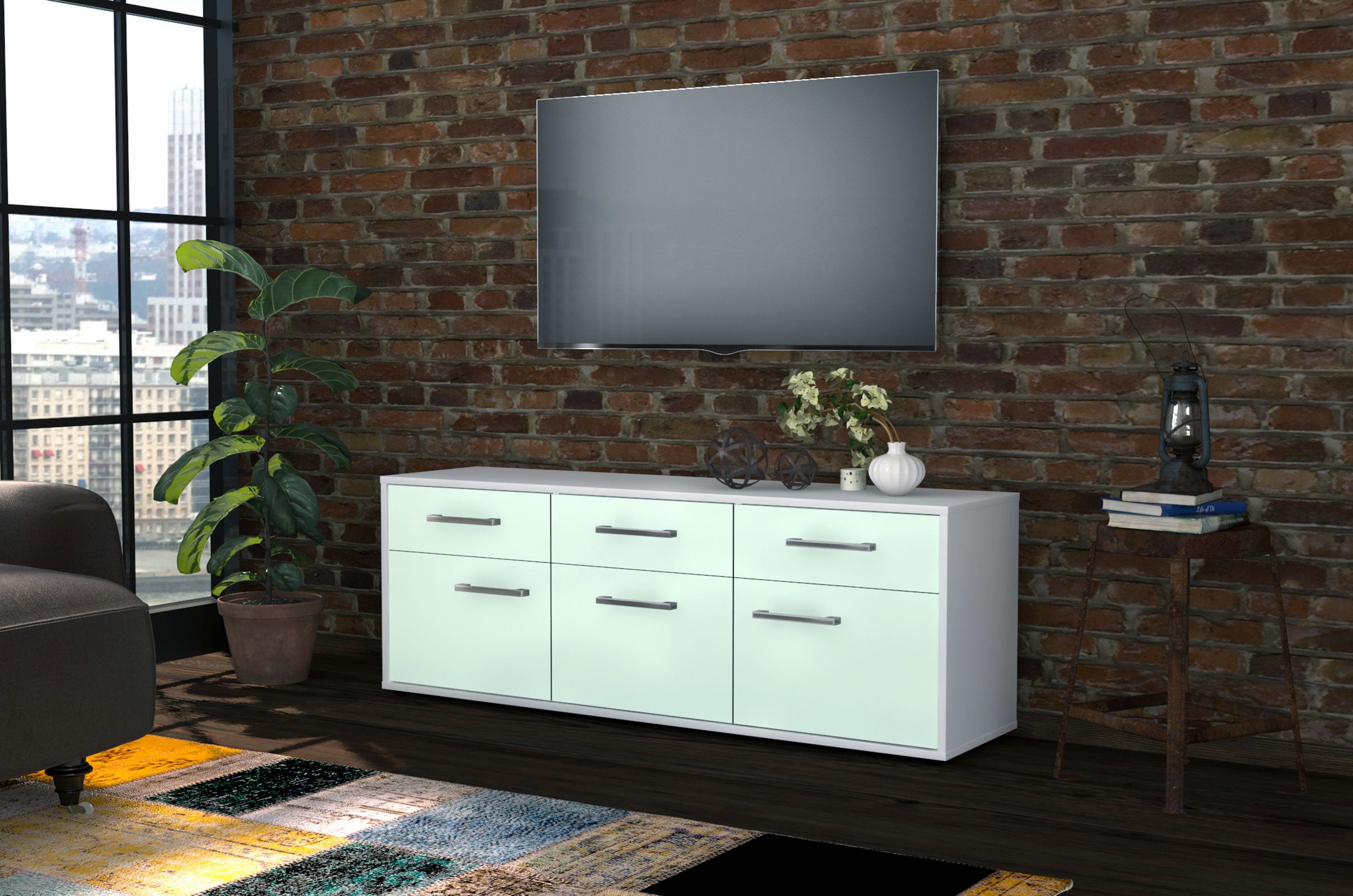 Lowboard - Angela - Design Farbakzent - Freistehend mit Griffe 136 cm Weiss