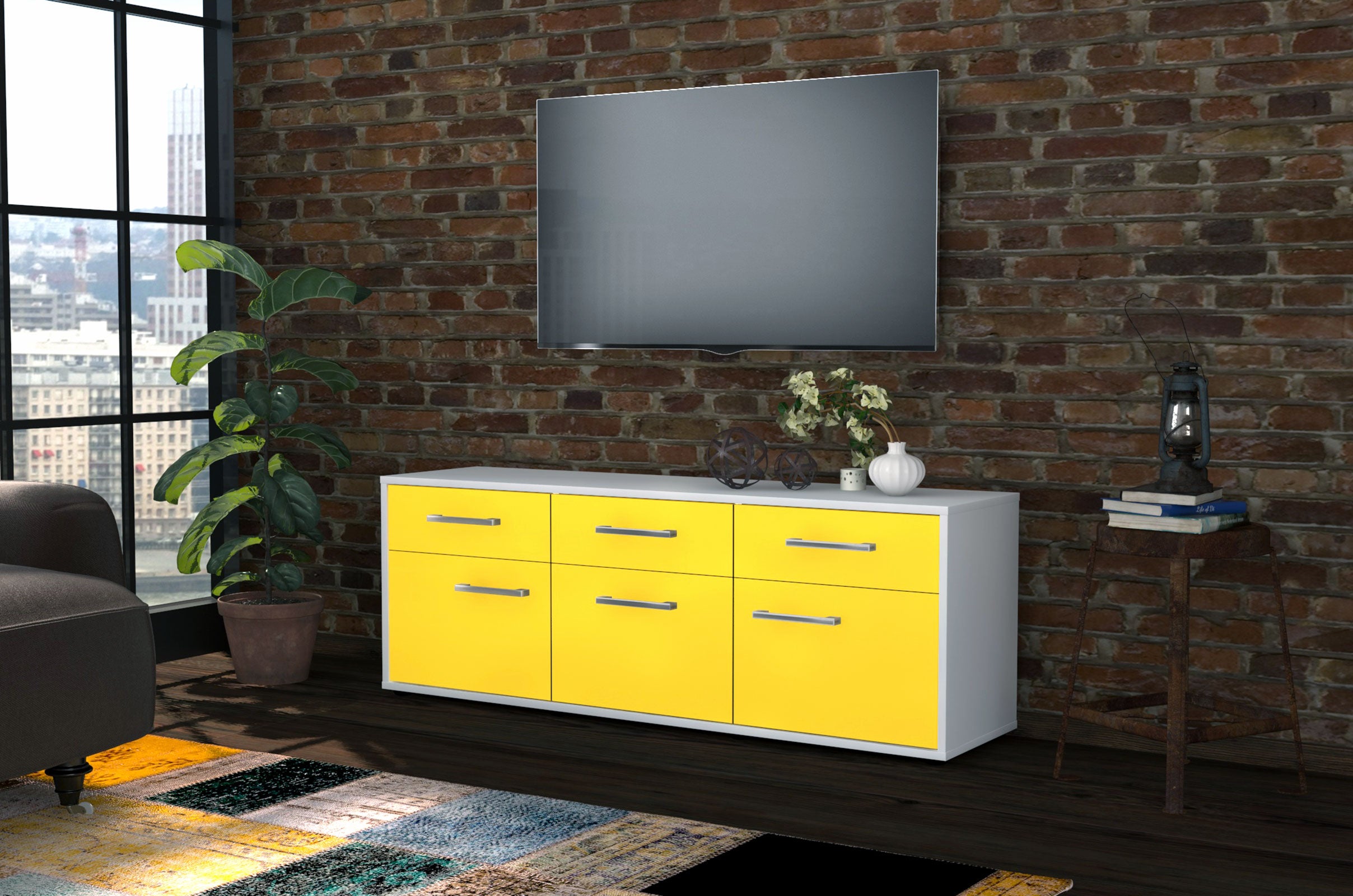 Lowboard - Angela - Design Farbakzent - Freistehend mit Griffe 136 cm Weiss