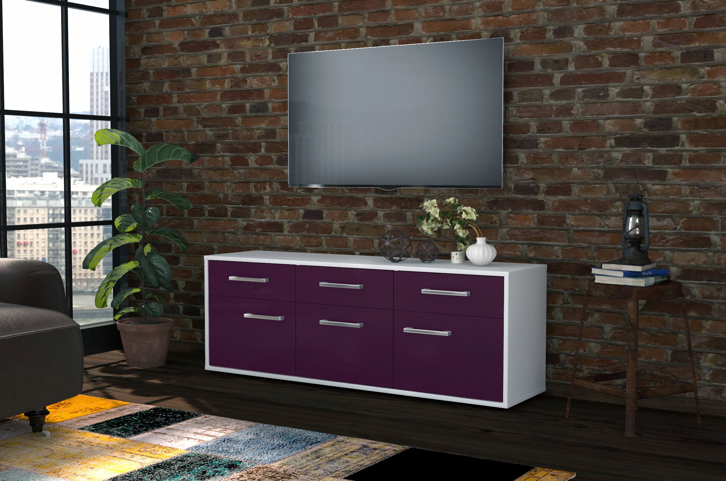 Lowboard - Angela - Design Farbakzent - Freistehend mit Griffe 136 cm Weiss