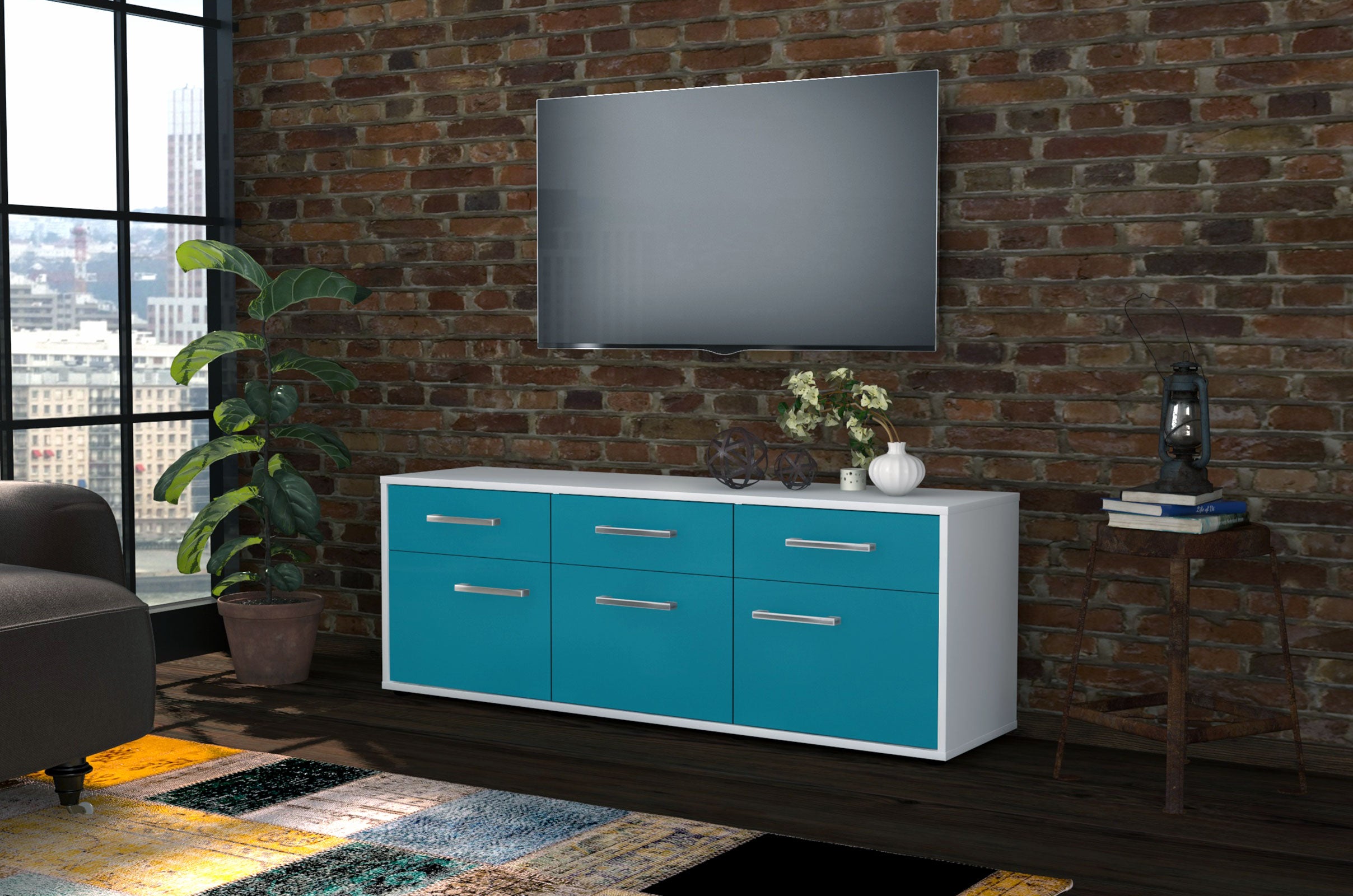 Lowboard - Angela - Design Farbakzent - Freistehend mit Griffe 136 cm Weiss