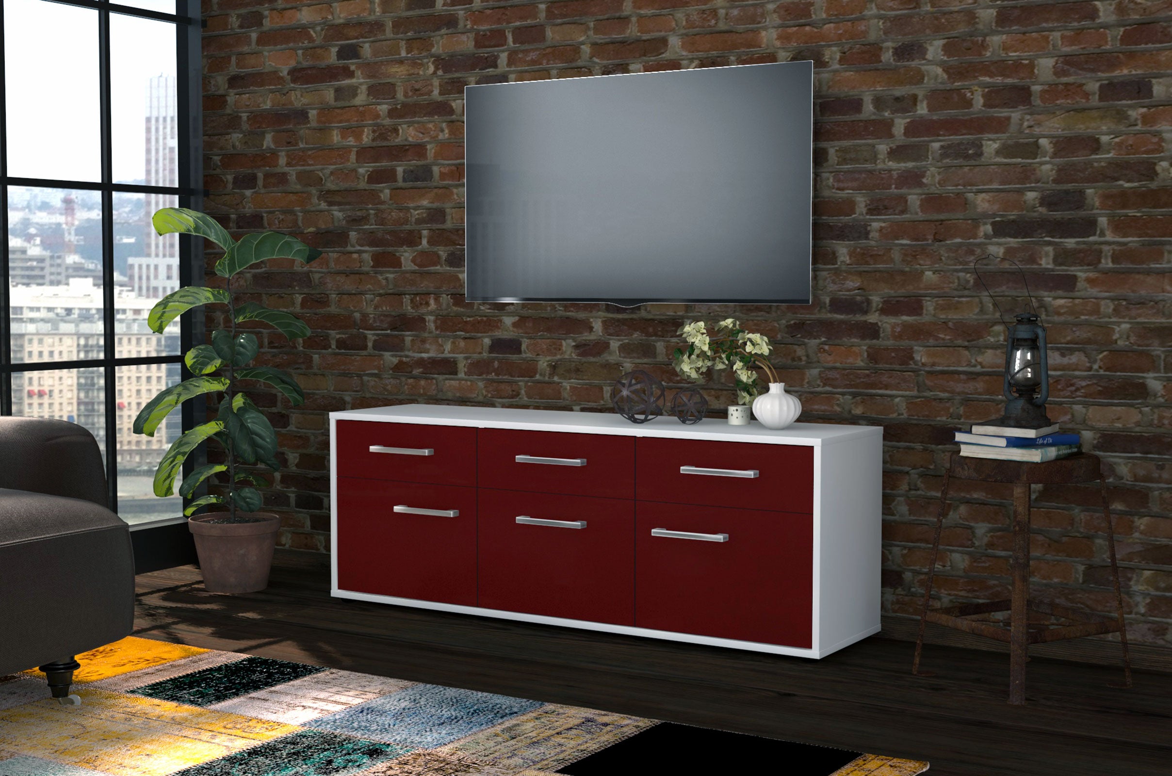 Lowboard - Angela - Design Farbakzent - Freistehend mit Griffe 136 cm Weiss