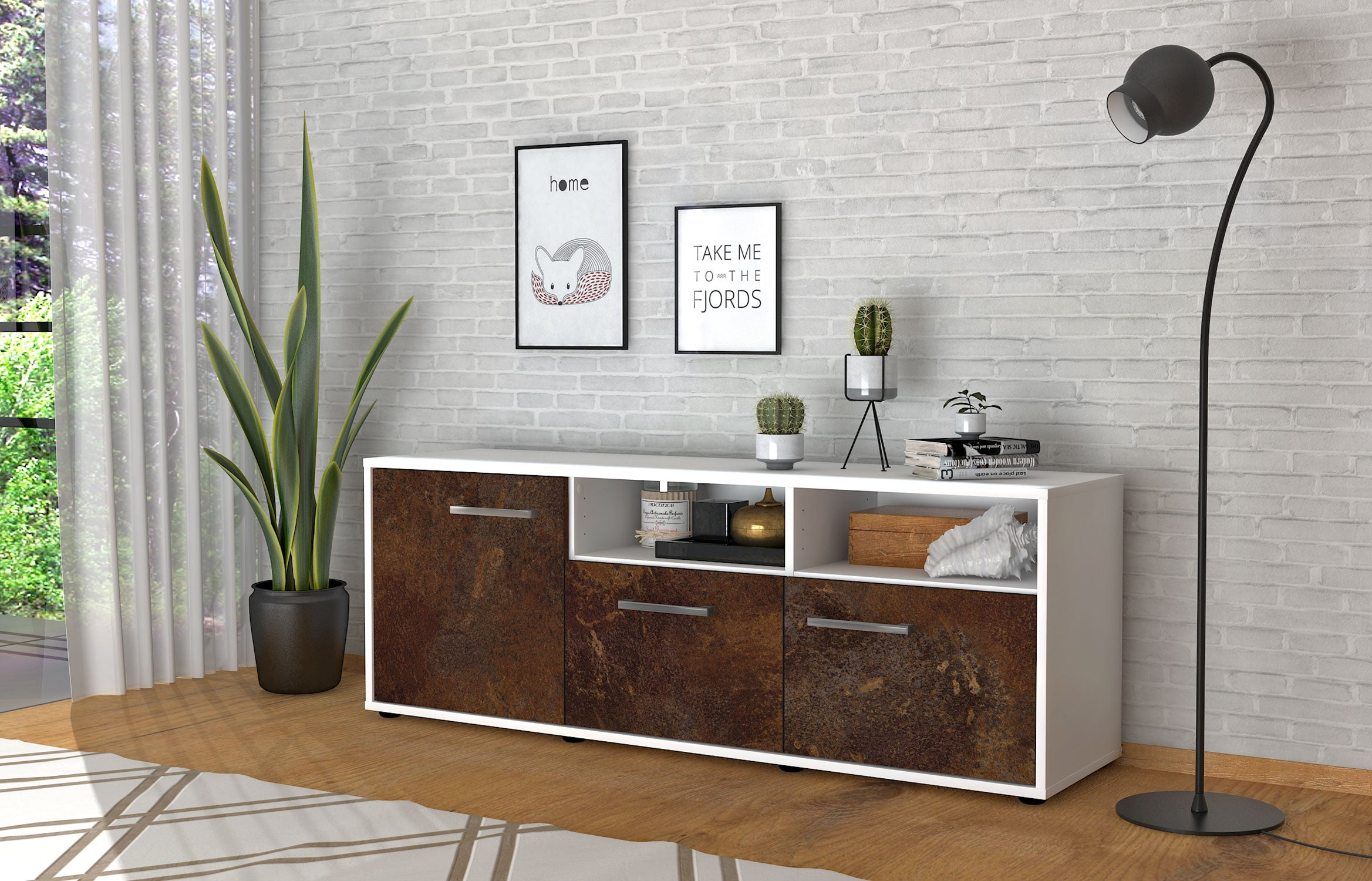Lowboard - Angelina - Design Industrie Stil - Freistehend mit Griffe 136 cm Weiss