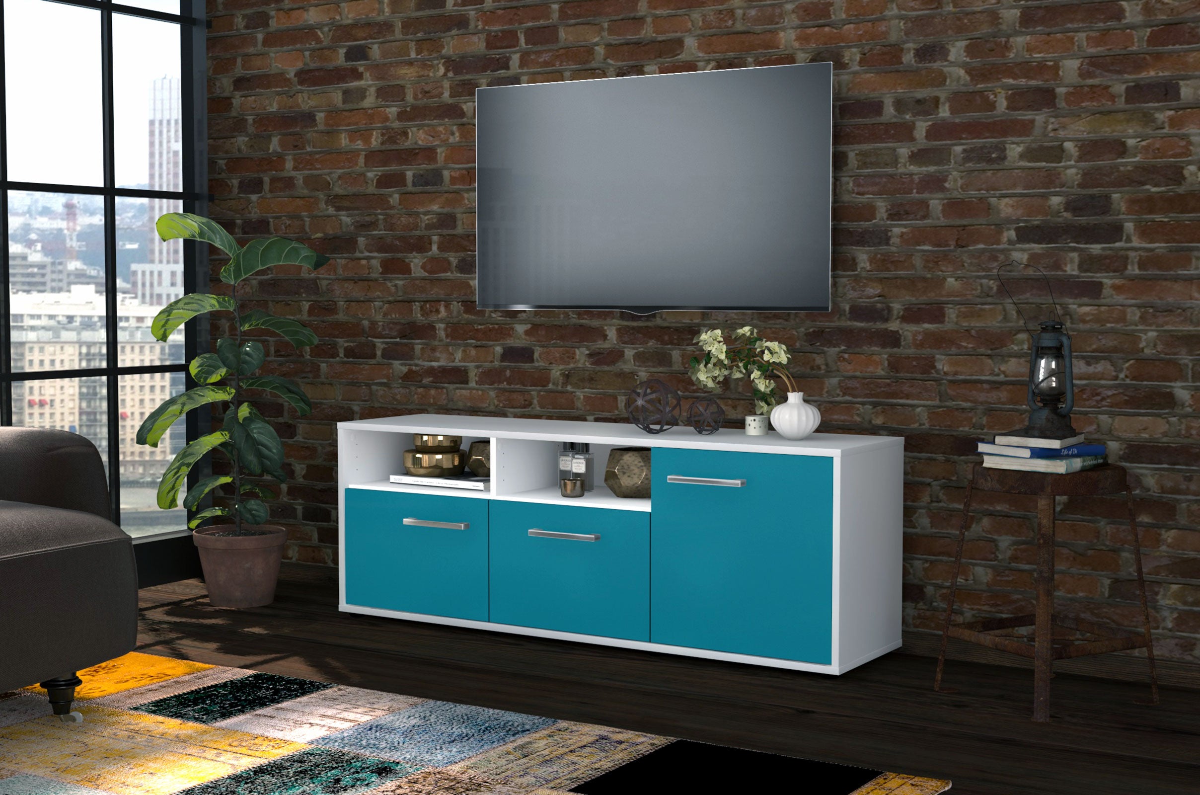 Lowboard - Anina - Design Farbakzent - Freistehend mit Griffe 136 cm Weiss